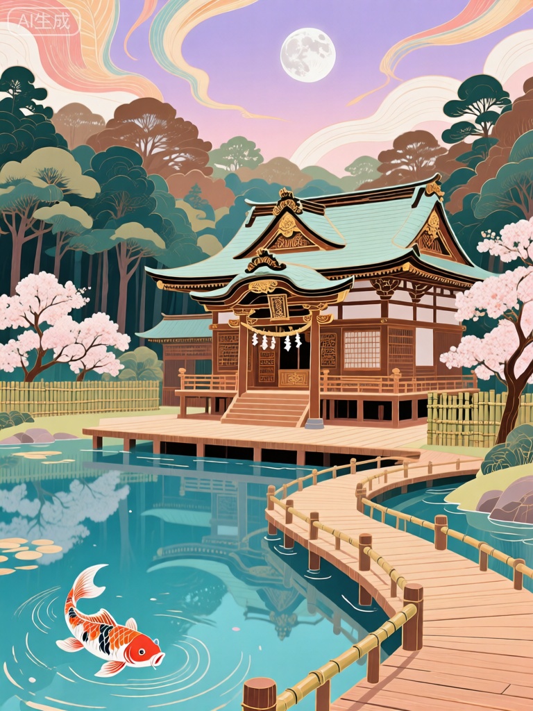 GCCH,该图像是一个美轮美奂的场景,其中一座古朴的日本神社矗立在一片静谧的森林边缘。这座神社是传统的木质结构,每一处都雕刻着精美的鸟居图案和复杂的棕色与金色交织的细节。它坐落在一个木质的平台上,周围环绕着低矮的竹制围栏和几丛盛开的樱花树。前景中,一条木质的栈道蜿蜒穿过浅浅的水潭,栈道的倒影在水面清晰可见,一只色彩斑斓的锦鲤在水中悠然游动。水是清澈的湛蓝色,泛着细碎的涟漪和梦幻的倒影。背景中,森林呈现出深浅不同的绿色和棕色,天空在树梢上方从淡紫色渐变到柔和的粉色,一轮皎洁的、散发着银辉的白色月亮正缓缓升起。天空中还有风格化的、色彩柔和的羽毛状云朵。整体场景静谧而富有诗意,以一种风格化、近乎空灵的方式捕捉到自然与人文元素的和谐交融。

