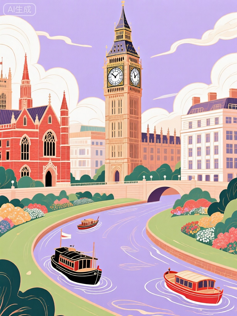 GCCH,这张图片是城市景观的风格化插图,可能代表英国伦敦。占据中心的是著名的大本钟,这是一座庄重典雅的建筑,其钟面巨大,指针清晰可见,钟塔有着精美的雕刻装饰。它的周围是各种风格各异的建筑,包括左边一座有着红色砖墙、尖顶的哥特式建筑,和右边一座外观简洁、白色外墙的现代风格大楼。前景中有一条蜿蜒的河流,河面上有几艘小船,其中一艘是复古的黑色游船,另一艘是色彩鲜艳的红色小艇,暗示着河流的热闹。河岸两旁是修剪整齐的绿色草坪和五彩斑斓的花丛。天空是柔和的淡紫色,白色的积云像棉花糖般漂浮着,给场景增添了浪漫的氛围。整体调色板包括紫色、绿色、红色和白色,赋予插图充满诗意且兼具历史与现代感的外观。

