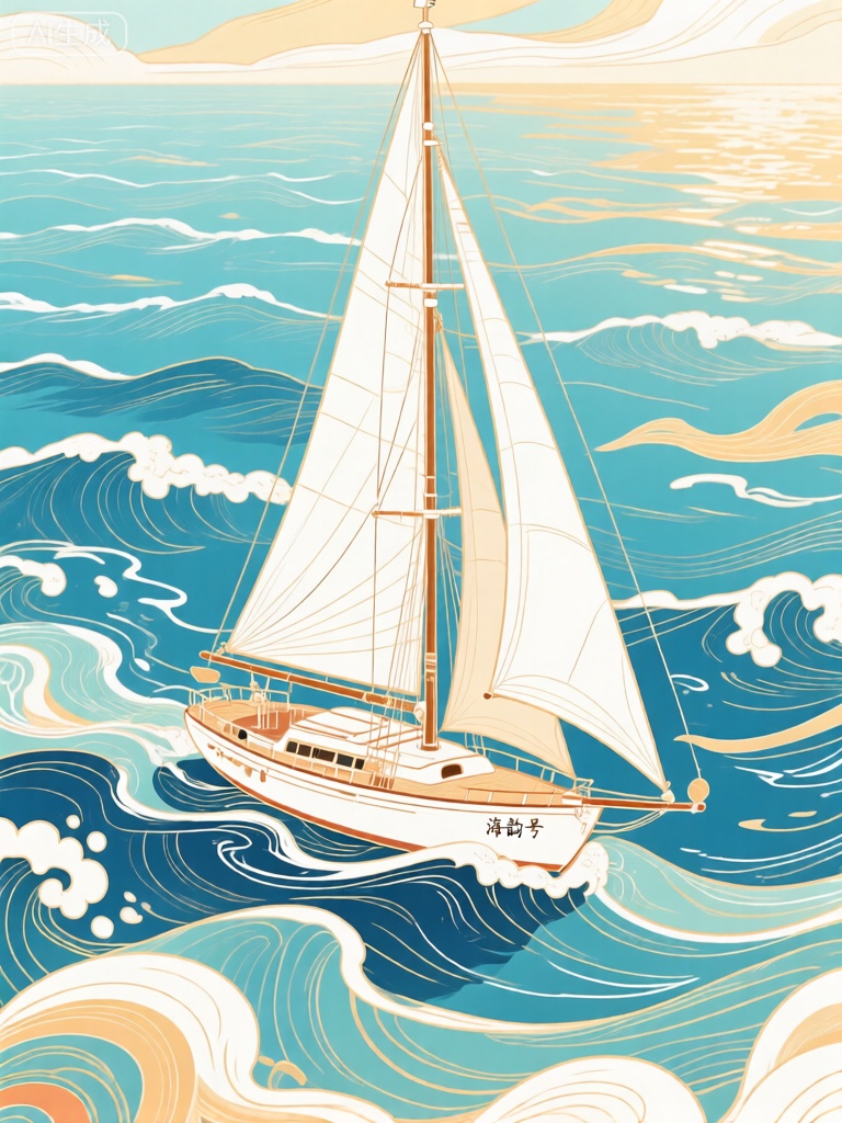 GCCH,该图像是一艘优雅灵动、充满艺术气息的帆船插图。这艘帆船是一款精致的白色“海韵号”,具有高耸的桅杆和随风飘扬的巨大船帆。背景是波澜壮阔的大海,颜色丰富而多变,包括深邃的蓝色、清新的浅蓝、洁白的浪花色和温暖的金色（阳光洒在海面）,营造出自由且惬意的氛围。船下是涌动的海浪,以灵动的曲线描绘,增强了帆船在海上航行的动态感。整体风格清新自然,线条柔和且富有韵律,色彩明亮而和谐,给人一种自由、惬意且充满活力的感觉。

