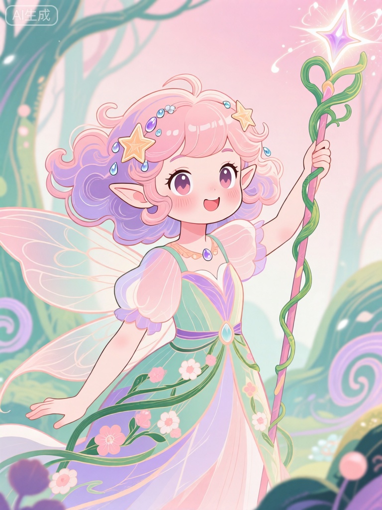 GCCH,该图像以风格化的插图为特色,描绘了一位灵动俏皮的精灵少女。她的头发卷曲而蓬松,如同云朵般轻盈,是柔和的粉色和浅紫色交织,装饰着星星形状的发饰和晶莹的露珠。她穿着一件轻盈飘逸的森林风格裙装,颜色为浅粉、嫩绿和淡紫,带有藤蔓缠绕和花朵绽放的图案。她的表情活泼而天真,有着一双圆溜溜的大眼睛,脸颊上泛着淡淡的红晕。她左手拿着一根顶端闪烁着魔法光芒的精灵权杖,权杖上缠绕着翠绿的藤蔓,俏皮地举过头顶。背景是梦幻的森林仙境,以渐变的浅粉色为基调,辅以嫩绿和淡紫的漩涡状光影图案,增强了插图的整体梦幻和灵动感。

