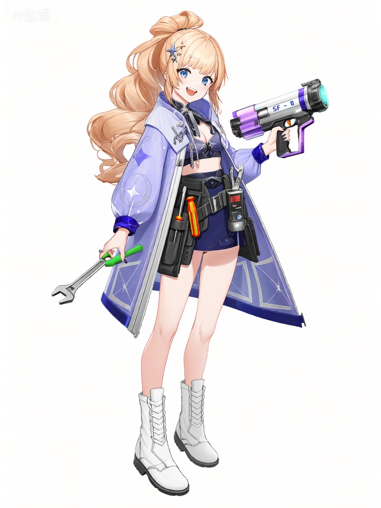 EYLH,该图像的特点是动漫风格的角色,长而卷的金色头发束成高马尾,点缀着星星形状的发饰。她有一双湛蓝的眼睛,脸上洋溢着灿烂的笑容。她的着装巧妙融合了复古与未来元素：她身着带有蓝色滚边和星月图案的淡紫色复古风长外套,搭配饰有白色和银色线条与几何图形的深蓝色短裙。她的腰间系着一条多功能战术腰带,里面收纳着各类工具,有一把螺丝刀和一个小型激光仪。她的右手握着一把造型科幻的激光焊枪,枪身有着紫色和银色的条纹,标有“SF - 09”。她的左手拿着一把绿柄的万能扳手。她穿着未来感十足的白色高帮运动靴。整体美学将复古欧式服装与未来科技、工具实用主题完美结合。

