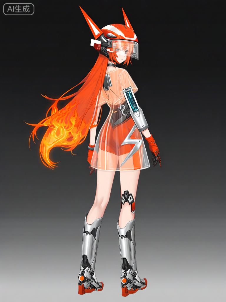 EYLH,该图像的特点是动漫风格的角色,修长且灵动的橙色长发似燃烧的火焰般垂落在后背。这个角色戴着一顶充满科技感的头盔,头盔顶部有宽大且锐利的三角形尖刺,还有一个能显示各种数据的透明面罩。头盔主体为橙红色,带有白色和银色的装饰条纹。角色的服装是浅橙色透明短袖连衣裙,靠近裙摆处有着银色的闪电状图案,以及各种机械护甲的搭配。护甲在手臂、小腿和腰部都有呈现,为橙红色和银色搭配。右臂在肘部附近有一个长方形的装置,可能是能量储存器或特殊工具。左臂戴着橙红色手套,右臂的护甲则更具流线型与科技感。腿上是银色及膝长靴,设计复杂且富有层次感,橙红色点缀其中,这款靴子有着强烈的未来机械风格。角色的腿从大腿到靴子上沿都是裸露的。整体美学融合了未来主义与激情动感元素,重点突出机械与活力的结合。角色表情平静,站立姿势自在。

