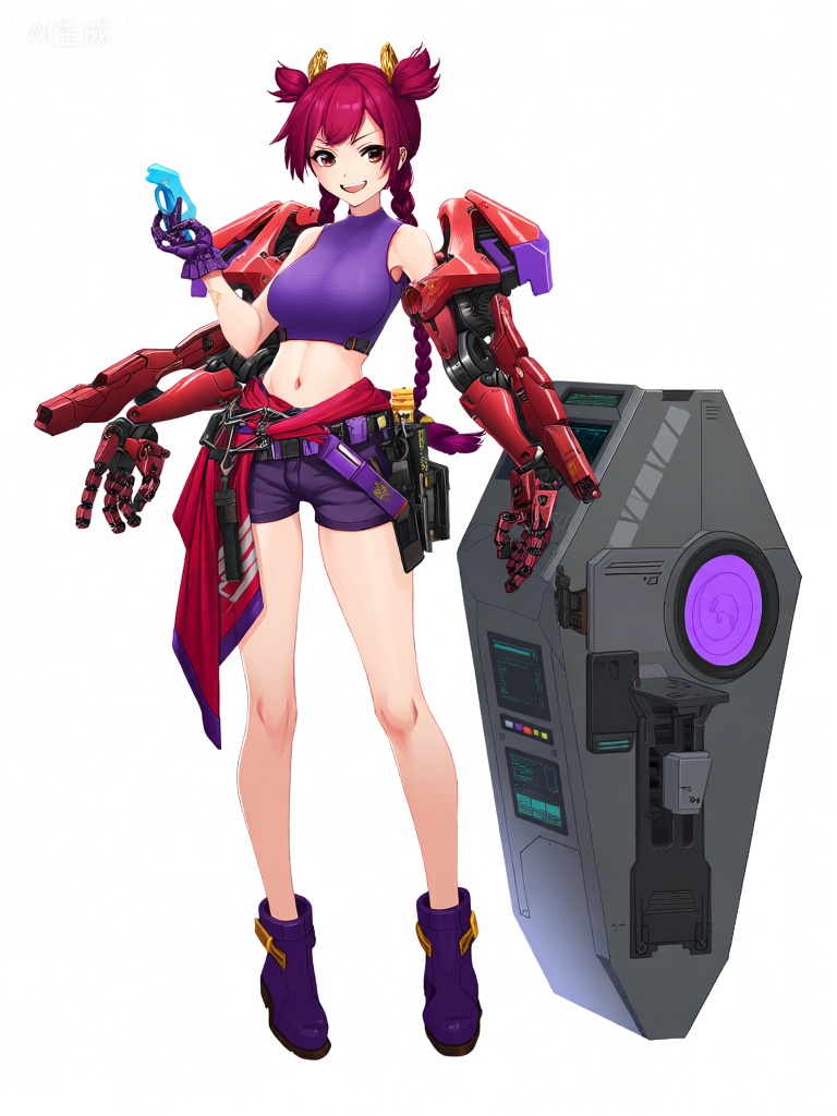 EYLH,该图像刻画了一个动漫风格的角色,玫红色短发编成两条俏皮的辫子,用金色发饰固定。她有一双深邃、坚定的眼睛和爽朗、热情的笑容。她的着装是一件贴身的紫色无袖上衣,下穿紫色短裤。她的腰间束着一条红紫相间的战术腰带,上面挂着各种装备和用品,包括她右手上的一个蓝色小工具。她的腰上搭着一块红紫相间的布,可能是腰带的配饰或是制服的标识,她还戴着紫色手套和带有金色点缀的坚固紫色短靴。她身上装有一条红色和紫色的大型机械外骨骼肩部装置,布满了复杂的线路和橙色的机械臂。该装置连接到一个大型、六边形、灰色的机械模块,该模块位于图像右侧的她附近。机械模块有各种显示屏、开关和一个紫色的圆形部件,它似乎是某种数据处理或控制核心。整体美学是未来科技与战斗风格的结合,突出功能性和战斗准备。这个角色散发着自信和战斗的决心,有力的姿态暗示着力量与果敢。

