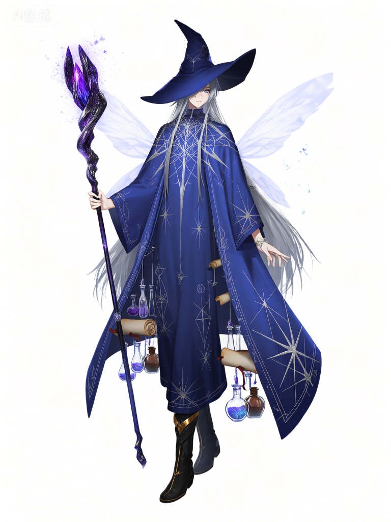 EYLH,该图像刻画了一个身着神秘魔法长袍的角色,气质飘逸,周身散发着奇幻气息。长袍以幽蓝色为主色调,其上绣着银色的神秘符文与繁复的星芒图案,随着角色动作微微闪烁。角色身形修长,长袍宽松的样式却巧妙勾勒出其挺拔的身姿。

角色的左手持有一根镶嵌着紫色宝石的魔法权杖,权杖顶端闪烁着幽光,仿佛蕴含着无尽魔力；右手自然下垂,露出白皙且修长的手指。角色的头上戴着一顶带有尖顶的魔法帽,帽檐微微下垂,遮住了部分脸庞,只露出深邃而灵动的双眼,一头长长的银发如瀑布般垂落在背后。

长袍下摆处挂着各种小巧的魔法卷轴袋和装有魔法药剂的玻璃瓶,显示出角色随时准备应对各种魔法挑战。脚上是一双黑色的魔法靴,靴面上有金色的装饰线条。角色背后有一对若隐若现的半透明翅膀,轻轻扇动,为整体形象增添了空灵与梦幻之感。背景是简洁的白色,点缀着一些幽蓝色的光点,仿佛是角色魔法力量散发的余韵,营造出一种神秘而奇幻的氛围。