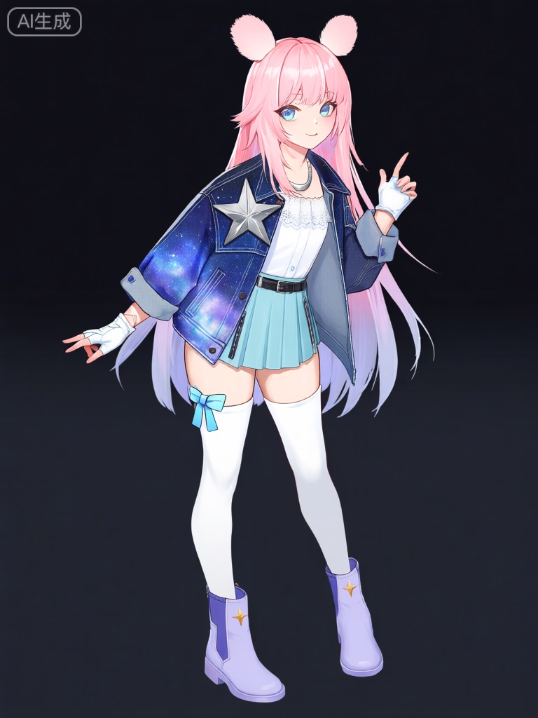 EYLH,该图像描绘了一个动漫风格的角色,有着粉色的长发,发尾是淡紫色的渐变。她的头顶上长着像兔子一样毛茸茸的小耳朵。她的眼睛是浅蓝色的,瞳孔是深蓝色的。她穿着一件带有星空图案的牛仔外套,左肩上有一个银色的星星徽章。外套里面是白色蕾丝边衬衫和浅蓝色百褶短裙。她还戴着银色项链和白色半指手套。她的腿上穿着白色长筒袜,袜口有蓝色蝴蝶结装饰,脚上是一双淡紫色的短靴,靴子上有金色星星点缀。这个角色有着俏皮的姿态和灵动的表情。

