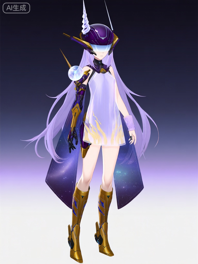 EYLH,该图像的特点是动漫风格的角色,柔顺且飘逸的紫色长发如梦幻星河般垂落在身前。这个角色戴着一顶极具未来感的头盔,头盔顶部有尖锐且呈螺旋状攀升的尖刺,还有一个散发着幽光的全覆式面罩。头盔以深紫色为主调,搭配着金色和浅蓝色的细腻点缀。角色的服装是淡紫色透明无袖连衣裙,靠近裙摆处有着金色的流光纹路,以及多种高科技护甲的组合。护甲在手臂、腿部和肩部均有分布,为深紫色和金色交融。左臂在肩膀附近有一个球形的能量核心装置,或许是强大的攻击武器或特殊能力触发器。右臂戴着淡紫色护腕,左臂的护甲则有着复杂的几何线条设计。腿上是金色及膝长靴,设计精巧繁复,深蓝色线条勾勒其中,这款靴子充满了未来机械的冷峻质感。角色的腿从大腿到靴子起始处都是裸露的。整体美学融合了未来主义与神秘奇幻元素,着重展现机械与梦幻的交织。角色表情淡然,站立姿势闲适。

