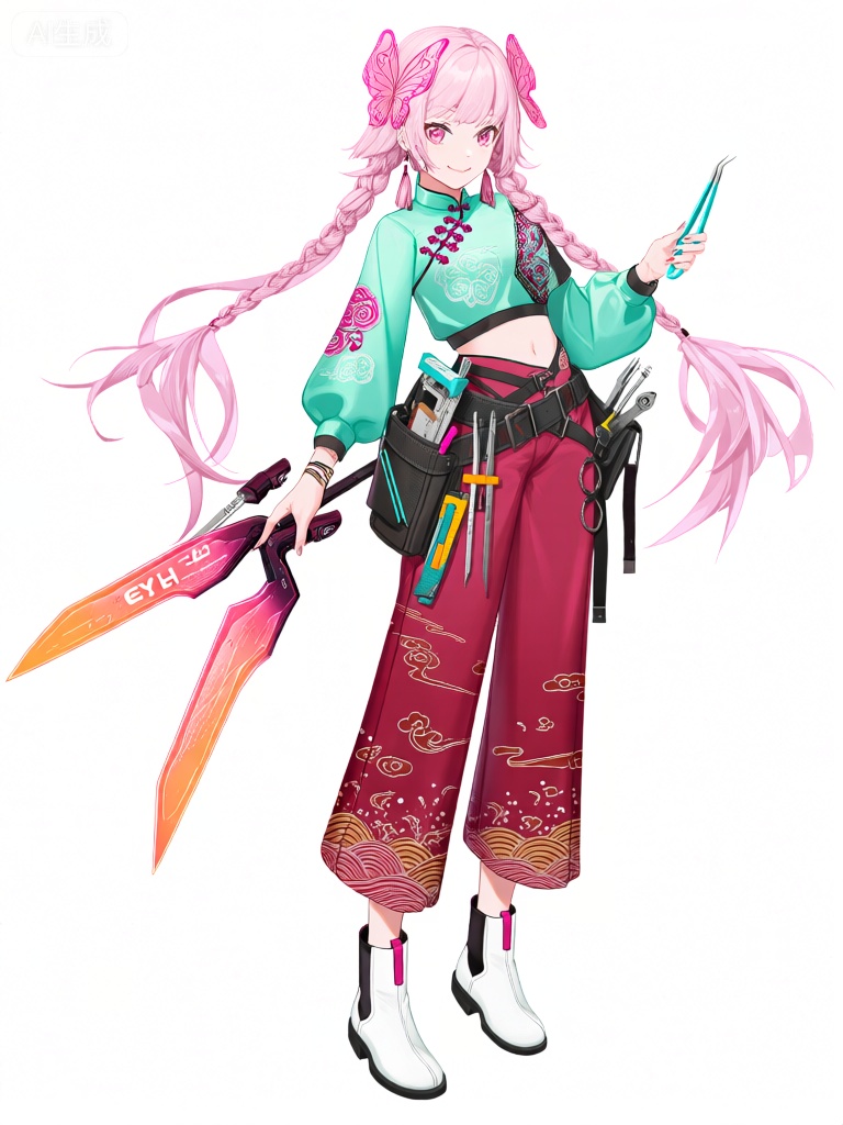 EYLH,该图像的特点是动漫风格的角色,长而飘逸的粉色头发编成两条辫子,装饰着蝴蝶形状的发绳。她有一双粉色的眼睛,嘴角微微上扬,露出甜美的微笑。她的着装融合了民族与现代元素：她穿着带有粉色花边和民族风刺绣的浅绿色中式立领上衣,搭配饰有白色和金色云纹与波浪图案的红色阔腿裤。她的腰间系着一条装备带,里面放置着各种工具,有一把刻刀和一个小型测量仪。她的右手拿着一把造型奇特的能量雕刻刀,刀身有着橙色和粉色的渐变,标有“ZM - 22”。她的左手拿着一把蓝柄的精细镊子。她穿着时尚设计的白色短靴,靴面上有粉色的装饰。整体美学将传统中式服装与未来幻想、工具创意主题相融合。


