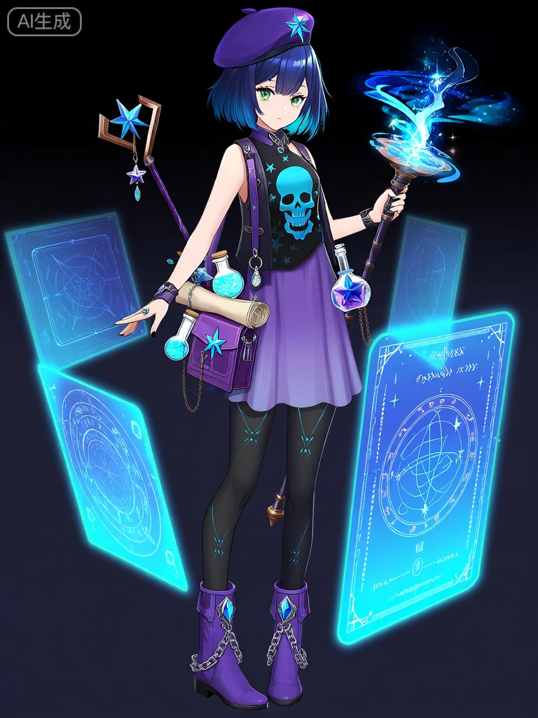 EYLH,此图像展现的是动漫风格的别样角色,拥有一头如夜空般深邃的蓝色短发,头戴一顶镶嵌着蓝色星星图案的紫色贝雷帽。她有着碧绿的眼睛,身着一件垂至膝盖的紫色连衣裙,外面套着一件黑色短马甲,马甲上印着蓝色星星骷髅的图案。她穿着带有蓝色星轨图案的黑色连裤袜,脚上是一双带有蓝色宝石装饰和银色链条的紫色短靴。该角色配备了诸多充满奇幻色彩的物品：带有星星标志的魔法手杖、装满魔法药剂和神秘卷轴的紫色挎包,包括蓝色药水瓶和星星形状的魔法吊坠。她手中拿着一个散发着神秘蓝光的、充满奇幻感的法器,上面有流动的符文和闪烁的星光,她周围悬浮着几个散发着幽蓝色光芒的魔法界面屏幕,显示着各种神秘的星象图和魔法咒语。整体美学弥漫着奇幻与神秘的氛围,强调魔法与神秘学主题的融合。

