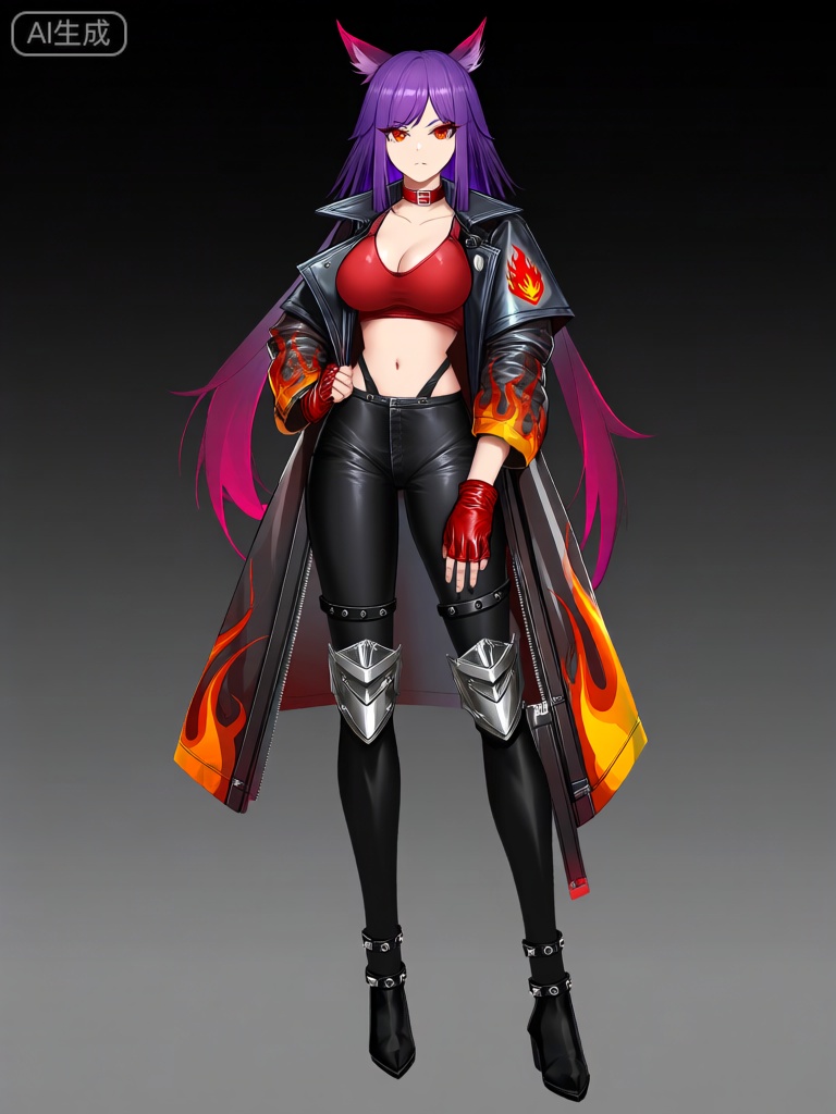 EYLH,该图像描绘了一个动漫风格的角色,有着紫色的长发,发梢是玫红色的。她的头顶上长着像狐狸一样尖尖的小耳朵。她的眼睛是橙红色的,瞳孔是暗红色的。她穿着一件带有火焰图案的皮质风衣,风衣右侧有一个红色的火焰徽章。风衣下面是红色露脐背心和黑色紧身皮裤。她还戴着红色项圈和红色皮质无指手套。她的腿上穿着黑色过膝长靴,靴子上有银色的铆钉装饰,膝盖处配有额外的金属防护板。这个角色有着霸气的姿态和冷峻的表情。

