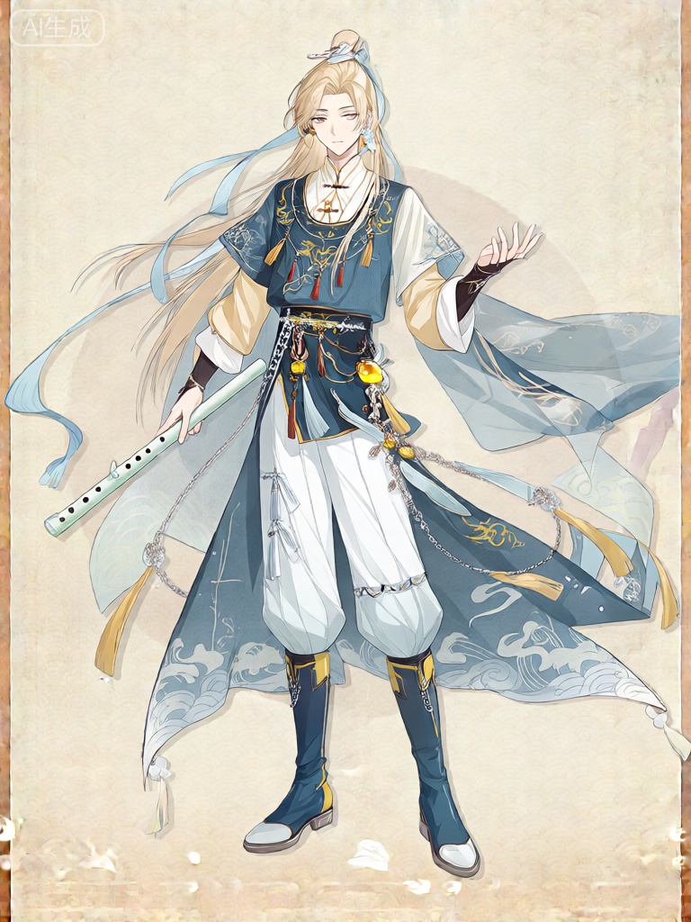 GFLH,该图像呈现了一个动漫风格的角色,如瀑的浅金色长发用淡蓝色丝带挽在脑后。角色穿着精致且独特的服装,将传统与奇幻风格完美交融。上衣是一件靛青色短褂,上面有着精美的鹅黄与朱红刺绣,装饰着流苏和小颗黄宝石等元素。角色内搭一件象牙白交领中衣,袖口微微露出。服装下半部分是白色灯笼裤,脚上是一双靛青色长靴,靴子带有鹅黄镶边与银色链条装饰。角色身着一件飘逸的靛青色大氅,设计飘逸灵动,绣有更多鹅黄与朱红纹路,底部镶嵌着一颗突出的黄宝石。大氅下摆还绘有类似祥云的图案。角色右手持着一支玉笛,笛身泛着温润光泽,似有灵力流转；左手轻抬,人物表情淡然、宁静。背景是简洁的白色,干净纯粹,凸显角色气质。

