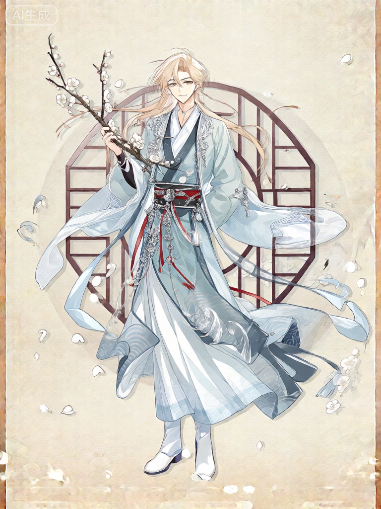 GFLH,该图像刻画了一个动漫风格的角色,有着柔顺且飞扬的淡金色长发。此角色身着精美的传统中国服饰,以浅蓝为主色调,饰有繁复的纹样与银色点缀。服装涵盖一件飘逸的广袖长衫以及一条配有红色和银色饰品的精致腰带。人物左手持着一支缀满白色梅花的枝桠,周围飘飞着洁白的梅花瓣,为画面增添了灵动与诗意。背景中有一个带有古典云纹图案的方形屏风,强化了传统韵味。整体色调清新雅致,纯净的白色背景与角色的服装相互映衬。人物表情淡然从容,带着浅浅的笑意,足下穿着从长衫下隐约露出的白色靴子。

