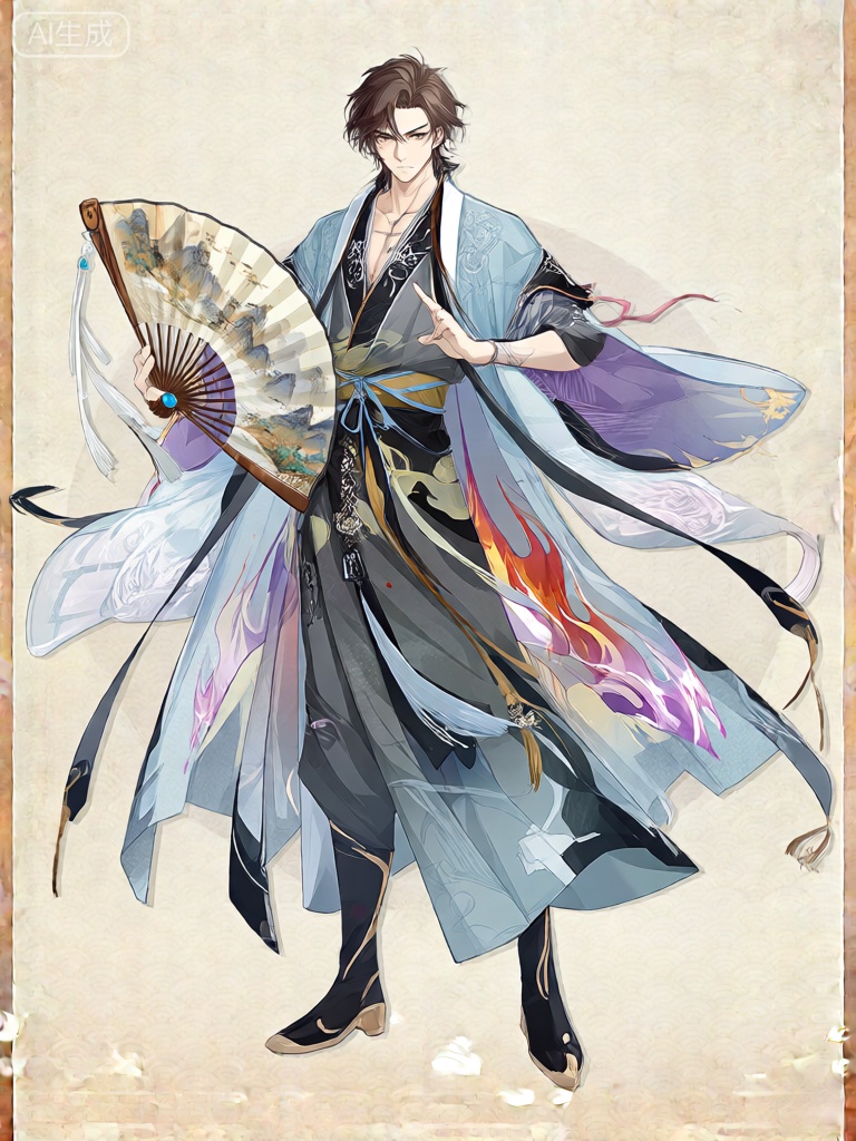 GFLH,该图像呈现了一位男性角色以豪迈的姿势站立。他留着一头深棕色且有些蓬松的头发,脸上神情严肃,目光如炬。他穿着一件飘逸的袍服,以淡蓝色为主色调,上面有着繁复且华丽的图案与设计。这件袍服包含了多种色彩,如黛紫、绯红、鹅黄和墨黑,某些部位仿佛有火焰升腾、光芒流转的效果。袍服的内层是深灰色,带有精致的刺绣。角色右手持着一把折扇,扇骨为檀木质地,扇柄末端镶嵌着一颗蓝色的宝石。扇面展开,绘有山水画卷,还垂着白色的流苏。他的左手微微扬起,手指轻点,似在施展法术。背景为简洁的白色,突出角色的不凡气质,整体风格让人联想到传统国风艺术,又兼具现代数字插画的细腻。

