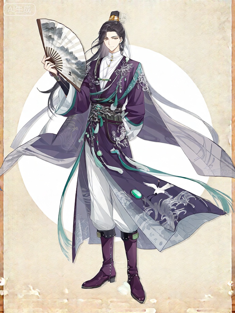 GFLH,该图像刻画了一个动漫风格的角色,柔顺的乌黑长发以金色发带束于脑后。角色身着华美且考究的服饰,巧妙融合传统与奇幻元素。上装是一件绛紫色长衫,其上有着繁复的青绿与银白刺绣,缀饰着飘穗与小颗青玉等多样装饰。角色内搭一件月白色立领中衣,袖口处隐约显露。服装下半部分由白色阔腿裤构成,脚蹬一双绛紫色短靴,靴子融入了青绿点缀与银色铆钉。角色披着一件宽大的绛紫色披风,设计大气流畅,绣有更多青绿与银白纹样,底部镶嵌着一颗醒目的青玉。披风下摆还绘有类似仙鹤的图案。角色右手紧握一把折扇,扇面绘有山水墨画,似有云雾缭绕,彰显出神秘意境；左手自然下垂,人物神情悠然、洒脱。背景为纯净白色,简洁干净,更衬角色风采。

