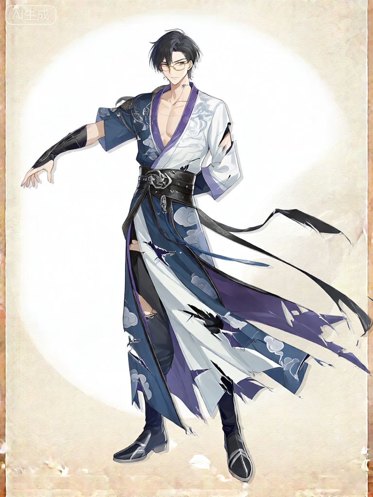 GFLH,该图像呈现了一个身着带有云纹破损样式长袍角色的插图。长袍以靛青和月白为主色调,辅以深紫与墨黑的点缀。角色有着一头利落的黑色短发,发尾微微上翘,额前几缕碎发自然垂落,脸上戴着一副细框金丝眼镜,更添几分儒雅气质。长袍的领口大敞,露出结实且线条分明的胸膛。腰间束着一条宽大的黑色皮质腰带,上面镶嵌着一个刻有龙纹的银色带扣,精致而大气。角色的右臂向前方有力地伸展,左臂则自然弯曲于身侧。长袍的袖口和下摆处有多处磨损与撕裂的痕迹,仿佛历经无数次激烈战斗,尽显沧桑之感。角色脚蹬一双黑色短靴,靴面上有银色的纹路装饰。背景是纯净的白色,简洁干净,使得角色成为视觉焦点,整体风格细腻且富有动感,仿佛下一秒角色就要投身于紧张刺激的战斗之中。

