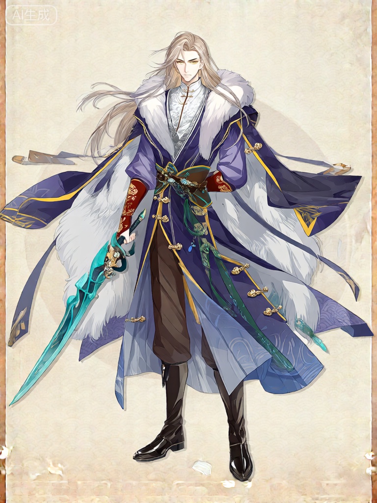 GFLH,这张图片刻画了一位男性角色,有着柔顺且飞扬的雪色长发和深邃迷人的金色眼眸。他身着精妙绝伦的服饰,巧妙融合了传统与奇幻仙侠的元素。该角色穿着一件带有繁复靛青与明黄镶边的绛紫色长袍,长袍敞开,露出里面的一件立领银丝白内衬。这件长袍采用立领设计,内衬是柔软的雪狐毛皮,更添几分尊贵不凡。角色的袖口装饰着带有鎏金纹样的朱红护腕,长袍正面缀着一排璀璨的金色盘扣。他还穿着深褐色的长裤和锃亮的黑色靴子。左手持着一把造型奇特的青碧色长剑,剑柄上镶嵌着一颗散发着幽光的蓝宝石,腰间系着一条缀满绿色翡翠的华丽束带。背景是纯净的白色,简洁干净,凸显出角色超凡脱俗的气质,整体风格典雅细致,暗示着角色拥有着极高的身份地位与强大实力。

