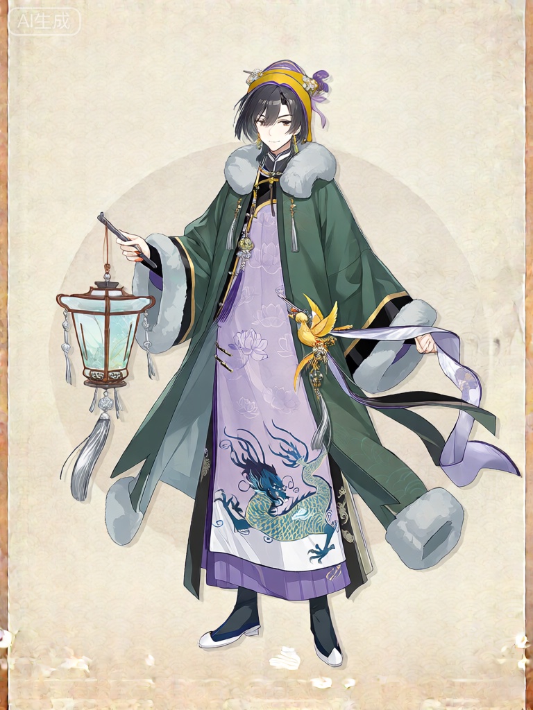 GFLH,该图像呈现了一个穿着传统服装的角色。该角色有着一头乌黑的齐肩短发,头戴黄紫搭配的头饰。他们身着墨绿色长袍,长袍的领口和袖口镶嵌着浅灰色毛绒装饰。长袍之下,是一件淡紫色的衣服,上面布满精致的莲花图案,下半身绣有一条威风凛凛的青色麒麟图案。人物左手提着一个琉璃材质的灯笼,灯笼上装饰着银色的流苏。他们的右手握着一条缎带,缎带上系着一个金色的小凤凰挂件,小凤凰昂首挺胸,表情活泼。背景为纯净的白色,没有多余干扰,突出角色的独特气质,整体风格精致且具说明性,凸显传统元素与亮丽色彩的融合。

