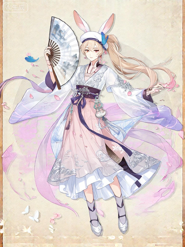 GFLH,此角色为一位浅金色长发束成高马尾的女性人物。她生有一对兔耳朵,内侧呈淡粉色。她头戴一顶白色贝雷帽,帽边缀着蓝色羽毛。她的服装巧妙融合了传统与奇幻风格：身着一袭淡粉色襦裙,外层是轻薄的白色纱衣,领口与袖口绣着精致的银色花纹。襦裙的裙摆层层叠叠,搭配着深紫色的腰带,腰带上挂着小巧的香囊与玉佩。她手持一把白色折扇,扇骨为淡蓝色,扇面绘着山水图案。她周身环绕着粉色的花瓣与淡紫色的光晕,营造出灵动的氛围。背景是纯净的白色,底部有几只白色蝴蝶轻盈飞舞。整体风格细节满满,以国风雅韵为基调,融入奇幻色彩。该角色摆出优雅的姿态,折扇半开,花瓣飘落,表情温婉而灵动。配色以粉色、白色、紫色为主,辅以少量银色。


