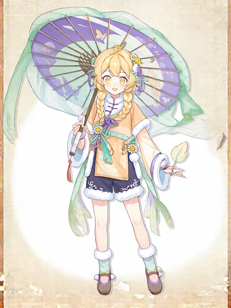 GFLH,该图像描绘了一个动漫风格的角色,淡黄色的头发梳成两条蓬松的麻花辫,装饰着紫色和绿色的丝带以及小巧的黄雏菊。这个角色有一双明亮且闪烁的淡黄色大眼睛,配上一个精致而小巧的鼻子。他们穿着传统服装,浅橙色与白色搭配的上衣,腰间束着一条带有青色和金色图案的腰带,下身是有着白色毛绒镶边的深蓝色短裤。角色的双腿从膝盖以下裸露,穿着带有白色毛绒袖口的淡黄色袜子,以及带有紫色和绿色点缀的棕色鞋子。该角色拿着一把华丽的油纸伞,油纸伞采用紫绿配色,边缘有着绿色的流苏。伞面为油纸材质,上面绘着灵动的蝴蝶图案。角色的一只手拿着一个淡黄色的叶片状小物品,可能是一片精美的玉叶或一件装饰品。背景是简洁的白色,凸显角色的纯真可爱,整体设计洋溢着天真、童话般的质感。

