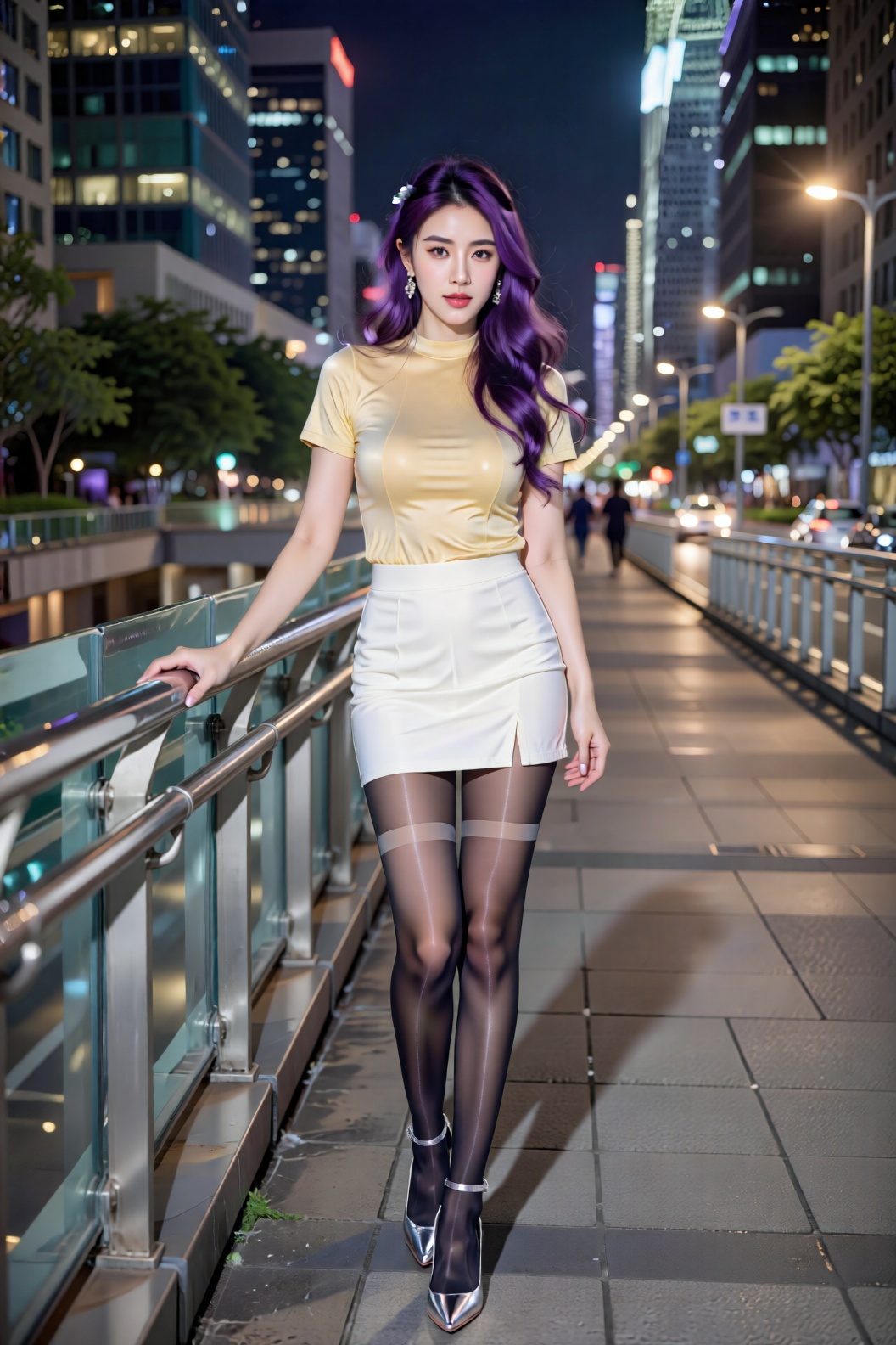 创建一张高分辨率照片,最高质量,杰作,极致清晰,专业商业写真,4K超清,抗锯齿锐化,完美光影,fullbody,捕捉一位超长腿（强度1.3）、细腿（强度1.4）和大胸部（强度1.5）的亚洲女性在城市灯光下摆出诱人的姿势。她白皙细腻的皮肤与长长的紫色卷发形成鲜明对比,如瀑布般披在肩上。她身穿淡金色修身T恤,搭配白色修身半身裙,凸显出修长的双腿,搭配黑色超薄连裤袜和银色高跟鞋。现代优雅的环境以繁华都市为背景,女子自信地走在人行天桥上。整体氛围散发着精致和诱惑,aurora_glossy_pantyhose 更增添了优雅感。