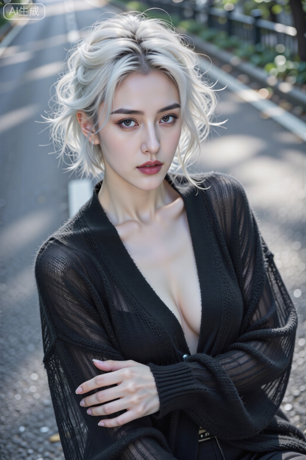 高冷御姐,意境,氛围,精致的五官,明亮的眼睛,高冷美女,晶莹剔透的嘴唇,白色短发,凌乱卷发,蛋卷头,修长的手指,高冷,意识流,美女御姐,冷白皮肤,黑灰色瞳孔,锁骨,轻薄的宽松淡黑色开衫针织外套有垂坠感,采用高角度视角,光线从侧上方照射,营造出朦胧、闪耀的氛围,高品质,画质清晰,高清,4K