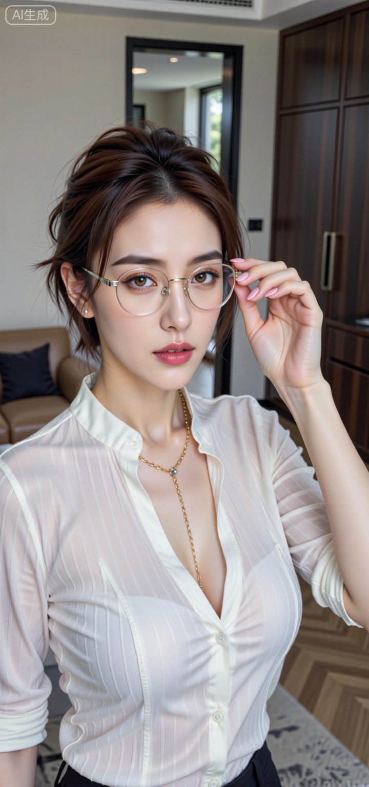 The image is a photograph of a person with a fair complexion and brown hair styled into a short,slightly tousled pixie cut. The person possesses delicate features including full lips painted with a soft pink lipstick and prominent golden eyes accentuated by mascara and eyeliner. They are wearing round,clear-framed glasses that seem to be adjusting with their right hand,which also has a manicure with a French-style pink tips. Around their neck is an elegant gold necklace featuring small chain details that dangle beneath. The person is dressed in a white,pinstriped button-up shirt,which features a high collar and is left unbuttoned at the top,exposing their bare chest and upper torso. The background of the image reveals a minimalistic indoor setting. To the left,there is a plain beige wall,and to the right,a contemporary interior space includes a dark brown wooden cabinet. Behind the person is an open doorway leading to another room that contains a light brown sofa or bed,a dark cushion,and wooden flooring. The overall style of the photograph conveys an air of casual elegance and modern sophistication
滤镜：时尚杂志冷调滤镜,色调偏清冷灰。画面整体高清对比度,光线合理。高清蓝光画质。超高清渲染。
嘴唇油光水润,皮肤高光,画面发光,超高清高品质高质量佳作,画面清晰,超越游戏引擎的渲染精度,真实细腻的皮肤质感,大师级影视级图像标准,超写实,真实渲染,真实光影。明亮感,妖艳,冷色系,活体感,HDR,立体感,虚拟引擎超清渲染。
大师级构建画面,超清,超高清分辨率,专业摄影光照,全画幅清晰对焦,使图像达到32K壁纸级质感。3D渲染,动漫写实混合风格,超现实主义,她身材完美,丰满,曲线玲珑,为整体身材增添了一份柔美的韵味,自信从容,散发着22岁女性的迷人气质。极具东方特色的杏仁眼型,眼睛轮廓优美流畅。长发随风飘舞。
消除一切影响清晰度的不良因素,最佳光影效果,根根分明的纤长睫毛,高饱和水光唇釉,
用最先进的技术降噪消锯齿抗模糊将作品做到极致超清。
摄影参数：佳能EOS R5,50mm 定焦镜头,快门1/125s,光圈f/4,ISO 100。
后期制作与质感：微调色彩对比度,强化衣物边缘锐度,保留肌肤自然光泽,营造极简时尚写真的高级质感。
摄影参数：佳能EOS R5,50mm 定焦镜头,快门1/125s,光圈f/4,ISO 100。
后期制作与质感：微调色彩对比度,强化衣物边缘锐度,保留肌肤自然光泽,营造极简时尚写真的高级质感。