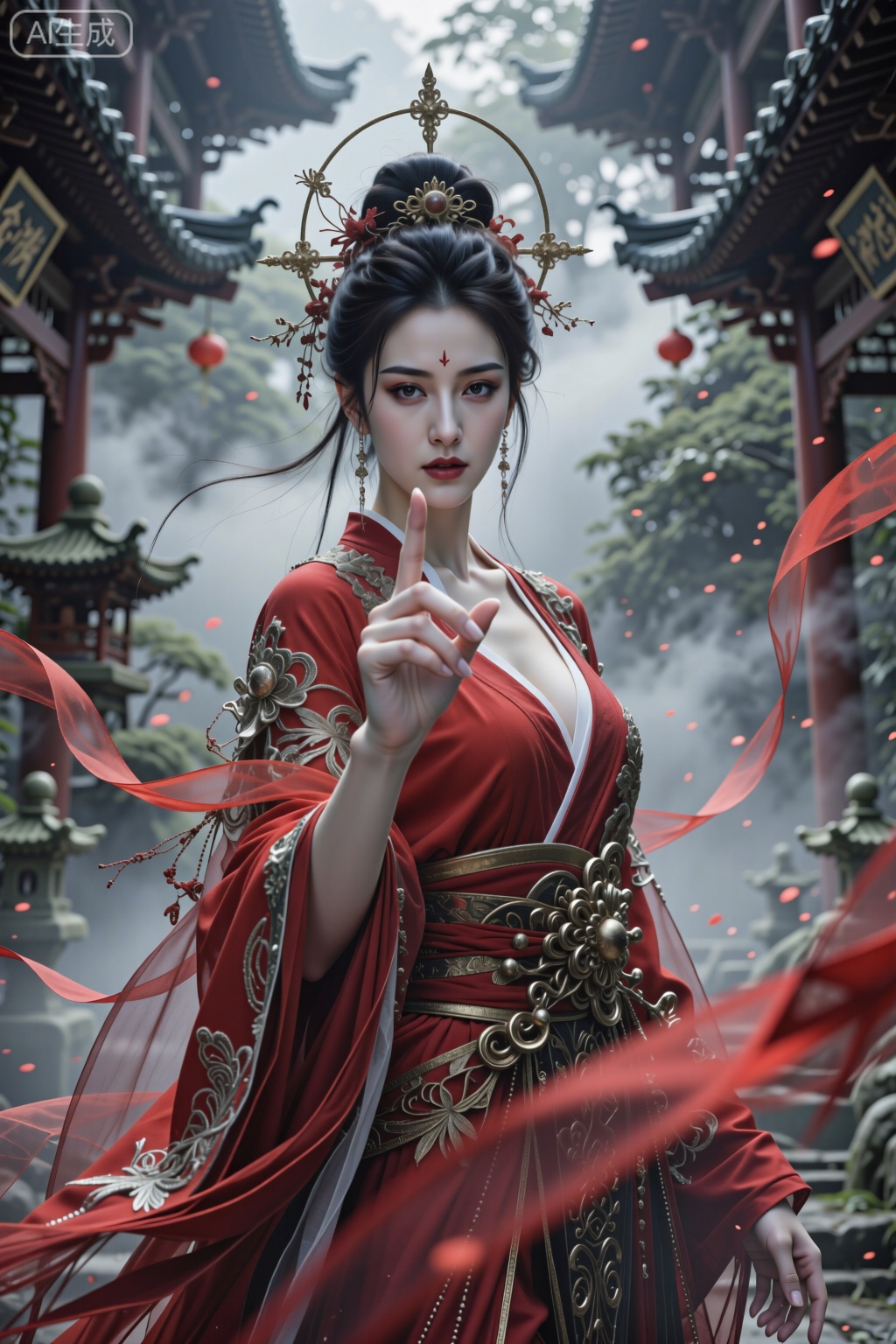 为中式怪诞风格。美丽而优雅神圣的不知火舞,红衣,慈悲中又有点邪性的,单手向着镜头勾勾手指,诱惑,仿佛伸出画面。脸部白皙皮肤光滑水嫩细腻,高雅的质感,斜眼看镜头,腼腆。飘渺神秘,红色丝带镜头前虚化借景,画笔厚涂,低饱和度,笔触纹理清晰,画面通过细腻的笔触和丰富的色彩层次塑造主体与场景,质感逼真,法天象地,表情高冷,服装华丽,复杂,奢华,唯美,充满压迫感,整体兼具艺术感,大透视,底光打在脸上,镜头仰视主体,悲天悯人,高高在上,圣洁高傲,清冷淡漠如梦如幻,氛围感。超广角强透视构图,张力十足,压迫感,细节生动完美。极其震撼的一幕,视觉冲击力强,光影彼此交织错杂的梦幻感,朦胧,明暗对比强烈,阴影过渡自然,电影级构图,视觉冲击,8K画质,超清,极致细节,清晰的线条,高对比,大师级别的作品。立体渲染,精细画笔,超细腻笔触,线条流畅,超清画质,完美品质,高质量,自适应饱和度,专业级打光,大师杰作,自由视角,阴影过渡自然,氛围感,高级感,意境,亮闪,唯美,宿命感拉满,弥散粒子,画面具有层次感。视觉冲击大,故事感,高级感,动态感。震撼,大师构图震撼人心。游戏感,强烈透视,震撼视觉,ue5渲染,命运史诗感,黑色风格,诺兰电影色调,浓雾,弥散,唯美辉光