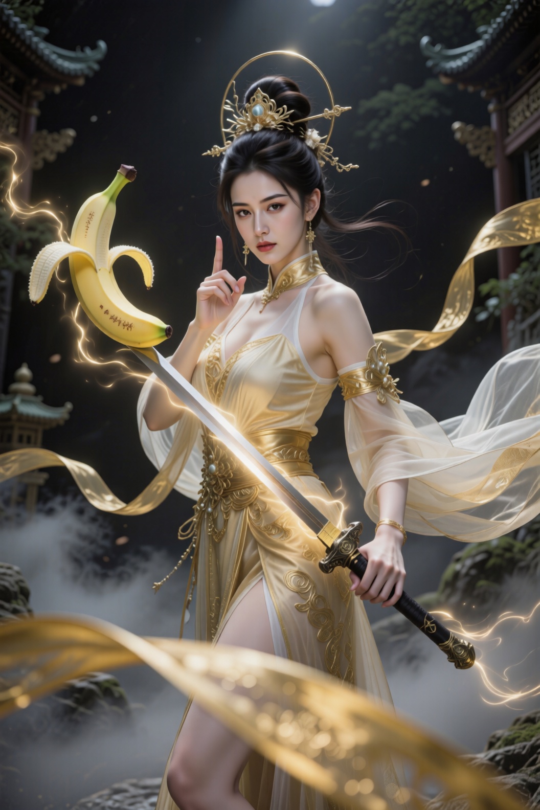 中式怪诞风格,优雅神圣的不知火舞,淡金色华丽奢华服饰,慈悲中带邪性,白皙水嫩肌肤,高雅质感,斜眼腼腆看向镜头,单手对镜头勾手,诱惑出画感。手持香蕉外形法宝,周身环绕香蕉外形剑气,凌厉飘逸、灵动环绕。飘渺神秘,金色丝带虚化前景,厚涂笔触,低饱和度,笔触纹理清晰。法天象地,表情高冷圣洁,悲天悯人,高高在上,清冷淡漠,压迫感拉满。超广角强透视,仰视镜头,底光打脸,明暗对比强烈,阴影过渡自然,浓雾弥散,唯美辉光,诺兰电影色调,黑色风格。光影交织梦幻朦胧,史诗宏大,玄幻色彩,宿命感,故事感,动态张力。UE5渲染,8K超清,极致细节,大师级构图,电影级质感,高级艺术感,视觉冲击力极强。
 