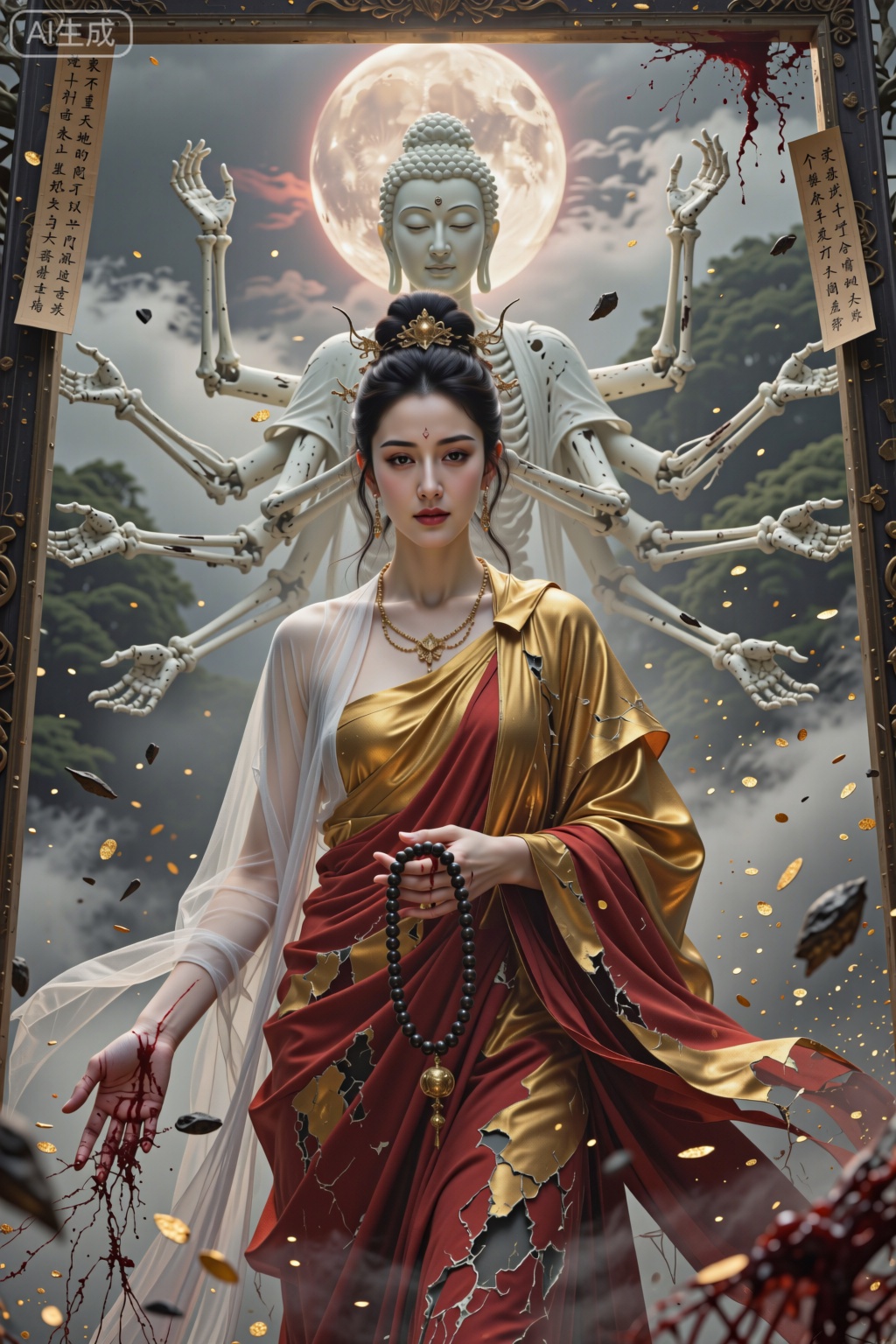 主体：身披破碎金红袈裟的圣洁女神,半佛半魔之相,单手从画面深处向观者勾召,指尖缠绕着断裂的佛珠与血丝,仿佛要将灵魂抽出画框。面容如玉雕般无瑕,低垂的佛眼却斜睨镜头,嘴角隐含不可捉摸的悲悯微笑。
氛围：法天象地,身后浮现千手观音虚影却半数腐朽为白骨,头顶佛光与血月同辉。超广角仰视构图,底光从下方穿透薄纱袈裟,映照出神圣躯体的轮廓,逆光中悬浮着经文灰烬与金粉。
技法：厚涂油画质感,低饱和朱砂与赭石为主调,金色高光点缀,笔触粗犷却细腻,8K超清,UE5渲染,浓雾弥散,诺兰式高对比光影,电影级史诗构图,宿命感与压迫感交织。