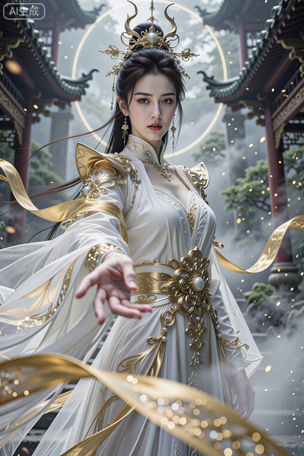 中式怪诞・宿命史诗风,白金神衣似霞覆邪韵,服装极尽华丽复杂奢华精致,圣洁高冷悲天悯人,神情清冷淡漠又腼腆诱惑,白皙嫩滑肌肤质感高雅,底光勾勒面部轮廓,仰视强透视超广角构图,单手勾向镜头张力拉满,金色丝带虚化前景,浓雾氤氲弥散粒子闪烁,厚涂笔触纹理分明,低饱和自适应高对比,8K 超清UE5 渲染,线条流畅立体精细,光影梦幻朦胧,明暗过渡自然,电影级史诗构图,游戏感与史诗感兼具,中式圣邪极致碰撞,宿命感爆棚,大师级艺术杰作