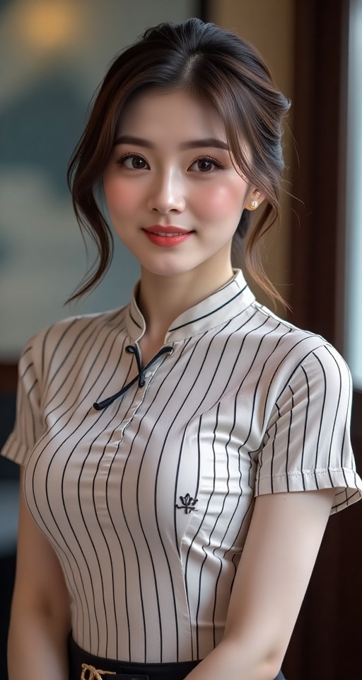 Create a high-resolution,  ultra-detailed image of a 1girl solo breasts brown hair short sleeves indoors striped chinese c...