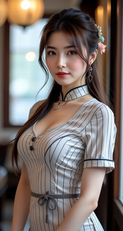 Create a high-resolution,  ultra-detailed image of a 1girl solo long hair breasts looking at viewer brown hair black hair...