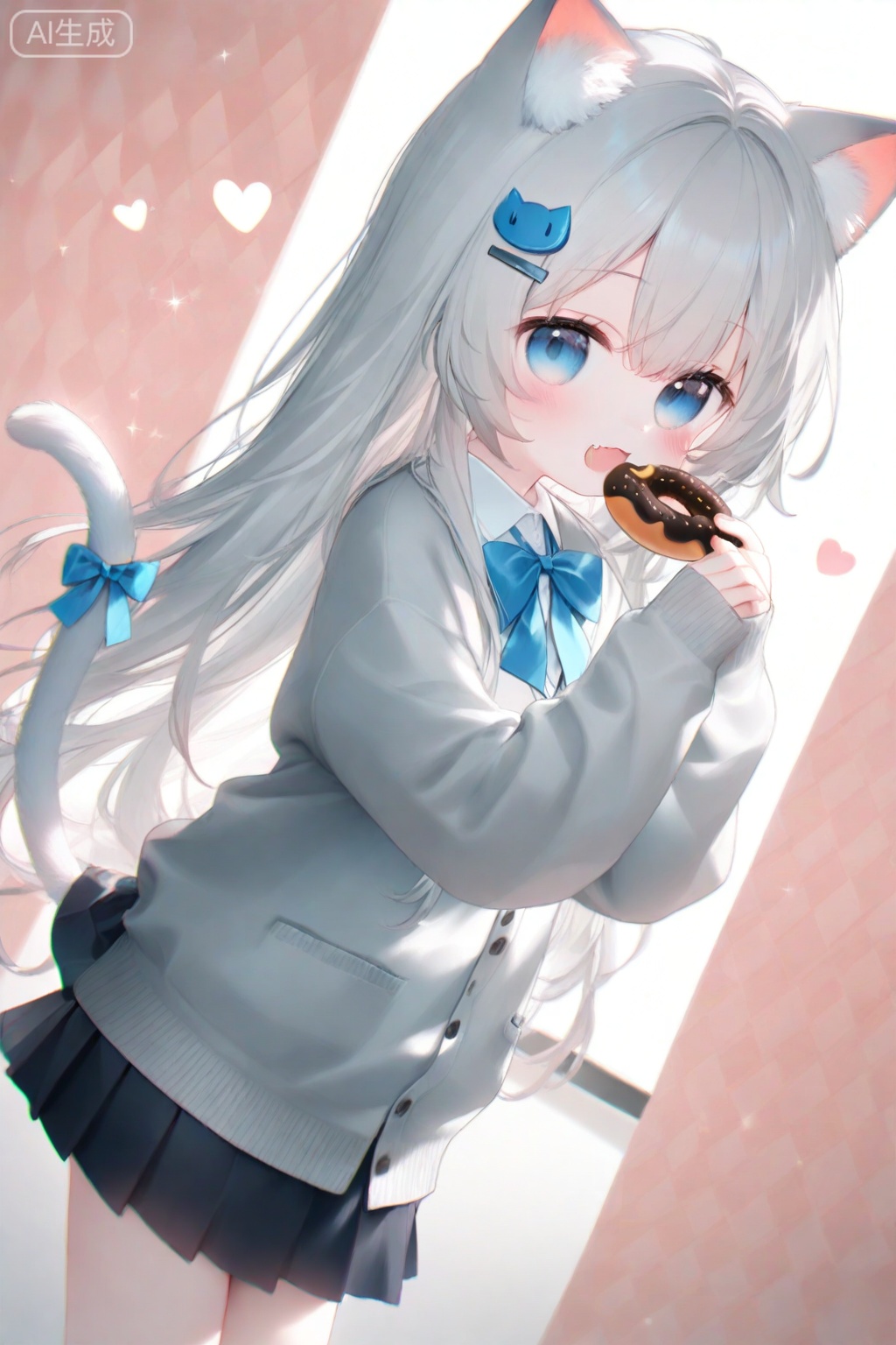 masterpiece,very aware,highres,absurdres,newest,best quality,loli,petite,high quality,chromatic_aberration,cinematic_angle,dutch angle, doughnut, 1girl, grey cardigan, animal ears, skirt, tail, cat tail, grey hair, shirt, argyle background, food, cat ears, black skirt, pleated skirt, cardigan, solo, blue eyes, white shirt, collared shirt, tail ornament, animal ear fluff, tail bow, holding, puffy long sleeves, cat girl, hair ornament, long hair, blue bow, bow, holding food, long sleeves, sleeves past wrists, very long hair, hairclip, puffy sleeves, cat hair ornament, looking at viewer, hair between eyes, smile, blush, open mouth, sparkle, dress shirt, :d, fang, hand up, fish hair ornament, eating, school uniform, two-tone background, grey sweater, tail ribbon, blue cardigan, grey jacket, heart, tail raised

