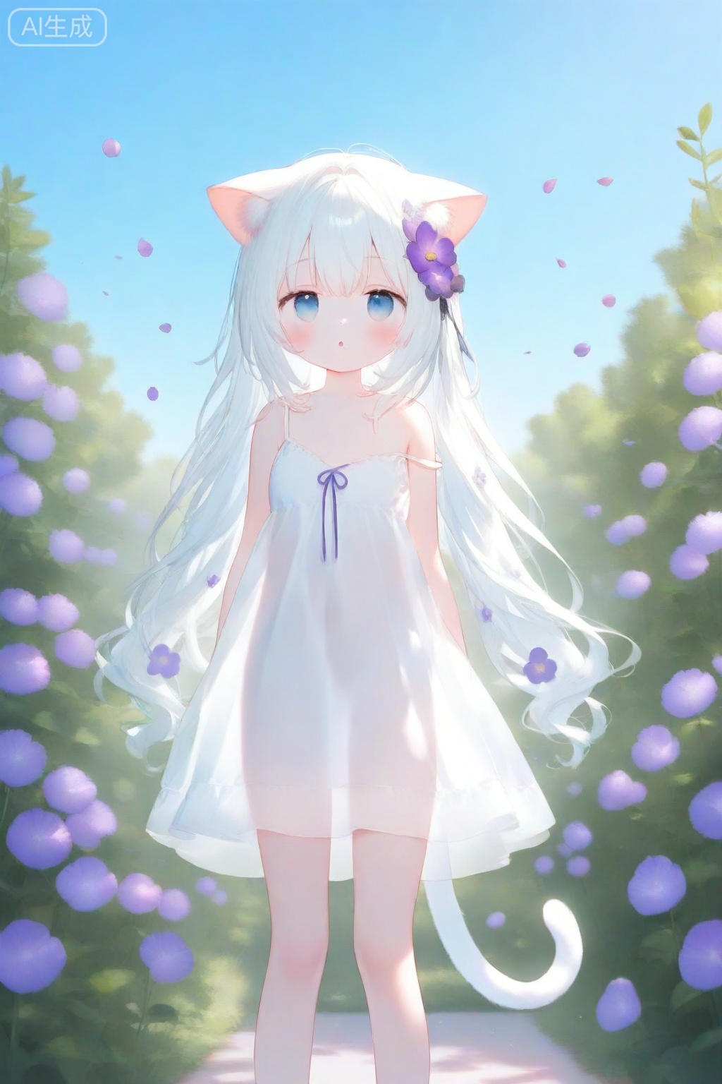 1girl, solo, animal ears, tail, dress, long hair, blue eyes, twintails, cat tail, cat ears, white hair, very long hair, cat girl, strap slip, flower, white dress, purple flower, bangs, looking at viewer, sky, parted lips, sleeveless dress, blush, outdoors, petals, sleeveless, see-through, animal ear fluff, bare shoulders, bare arms, bow, see-through silhouette, day, hair ornament, standing, blue sky, feet out of frame

