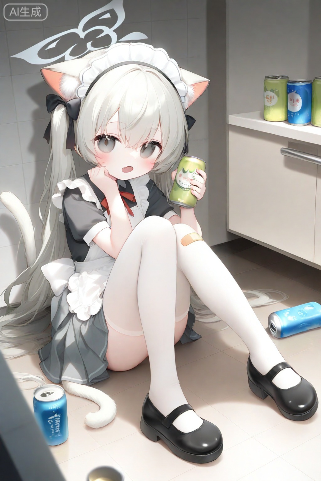 1girl, animal ear fluff, animal ears, apron, bandaid, bandaid on leg, black shirt, black shoes, blush, can, cat ears, cat girl, cat tail, double-parted bangs, fang, full body, grey eyes, grey hair, grey halo, grey skirt, grid background, halo, hand up, holding, holding can, knees up, long hair, looking at viewer, maid, maid headdress, mary janes, open mouth, pleated skirt, shirt, shoes, short sleeves, sitting, skin fang, skirt, solo, tail, thighhighs, twintails, white apron, white background, white thighhighs


