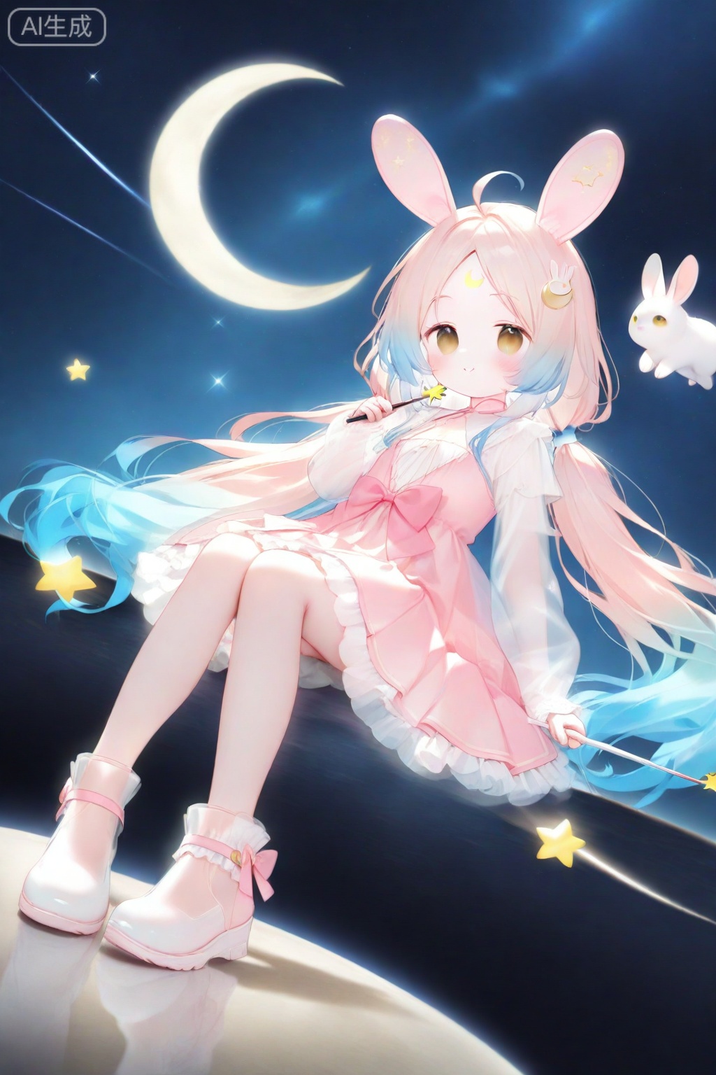 loli,petite,high quality,chromatic_aberration,cinematic_angle,dutch angle,  1girl, rabbit, white footwear, solo, pink hair, long sleeves, shoes, rabbit ears, long hair, crescent, puffy long sleeves, crescent moon, dress, parted bangs, very long hair, animal ears, star (symbol), animal, puffy sleeves, star (sky), closed mouth, smile, yellow eyes, holding, sky, looking at viewer, blush, low twintails, starry sky, moon, frilled dress, frills, pink dress, twintails, full body, ahoge, knees up, bow, multicolored hair, holding wand, hand up, rabbit hair ornament, sleeves past wrists, see-through, wand, see-through sleeves, hair ornament, gradient hair, pink footwear, facial mark, night sky, brown eyes, blue hair, night, frilled skirt, pink bow, forehead mark, shirt, pleated dress, sitting, white shirt, starry background, space, parted lips

