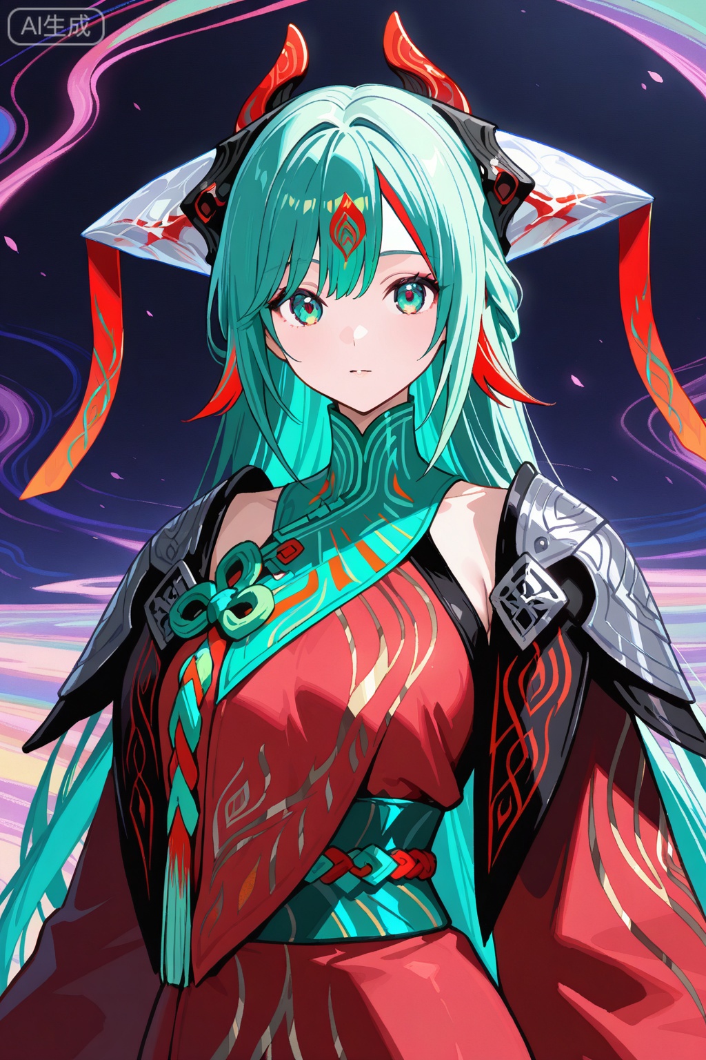 
Random scene,Random scene,


upper body,looking at viewer,

少司缘,1girl,solo,ssy,aqua green long hair,green bangs, red highlights, white horns hairpiece,high collar,colorful chest accessory,abstract ornament,red kimono,shoulder armor, oversized sleeves,   masterpiece,very awa,best quality,amazing quality,very aesthetic,absurdres,newest,intricate details,skindentation,fair_skin,kpop idol,korean beauty,