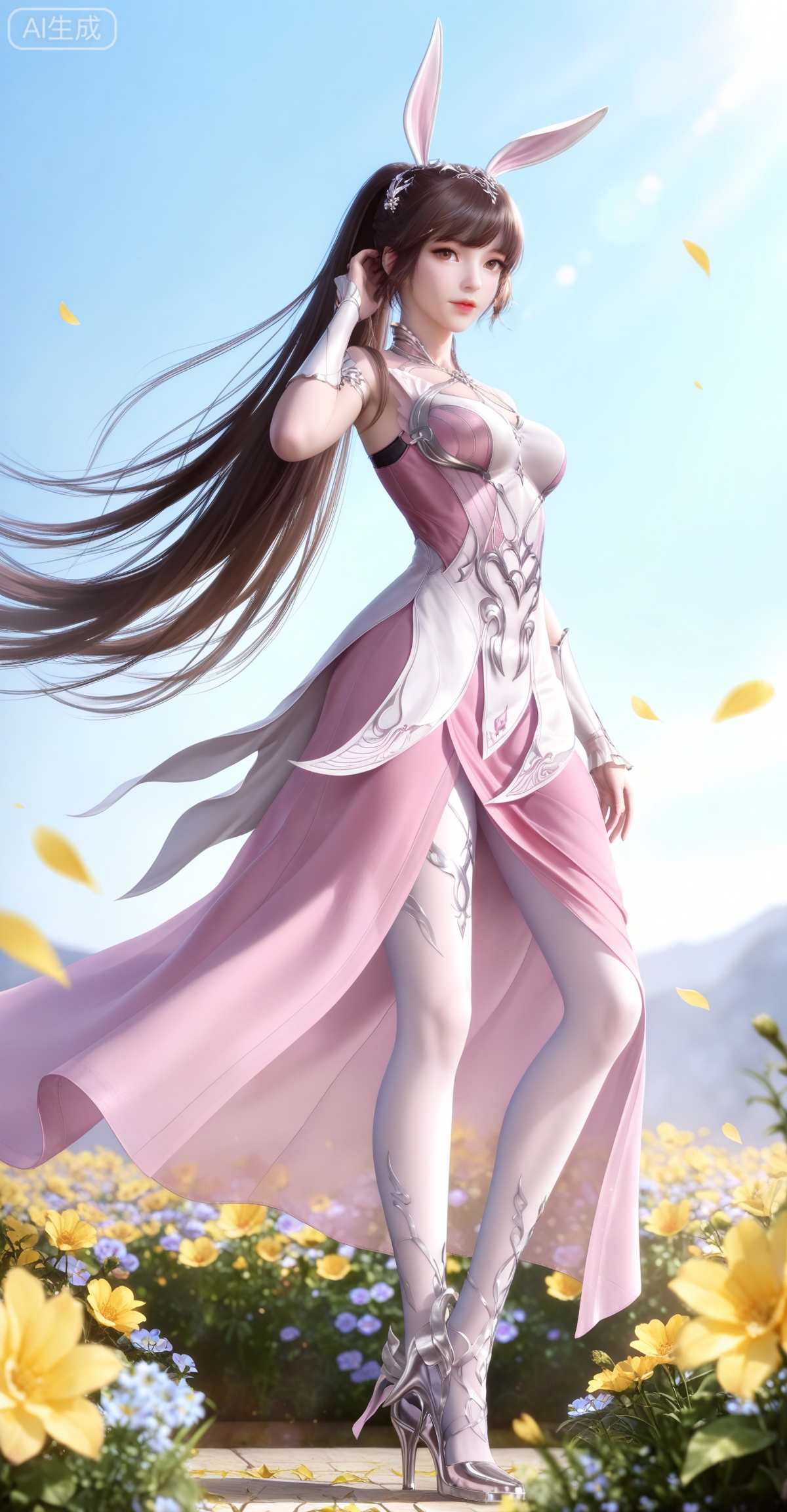 lvjing,
masterpiece,high quality,tall,game cg,highres,(soft light:1.2),white_skin,(realistic:1.1),animal ears,rabbit ears,long hair,ponytail,brown eyes,metal collar,brown hair,1girl,collar,hair ornament,dress,solo,pink dress, day,flowers,petals,wind,outdoor,looking_at_viewer,white pantyhose,high heels,standing,standing on one leg,