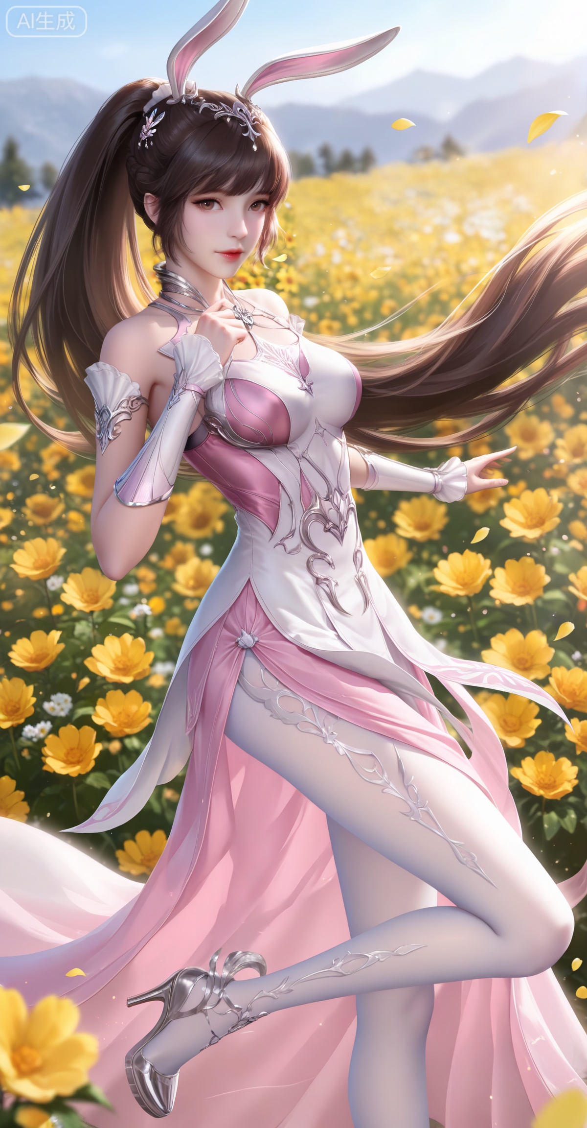 lvjing,
masterpiece,high quality,tall,game cg,highres,(soft light:1.2),white_skin,(realistic:1.1),animal ears,rabbit ears,long hair,ponytail,brown eyes,metal collar,brown hair,1girl,collar,hair ornament,dress,solo,pink dress, day,flowers,petals,wind,outdoor,looking_at_viewer,white pantyhose,high heels,standing,standing on one leg,xiaowu