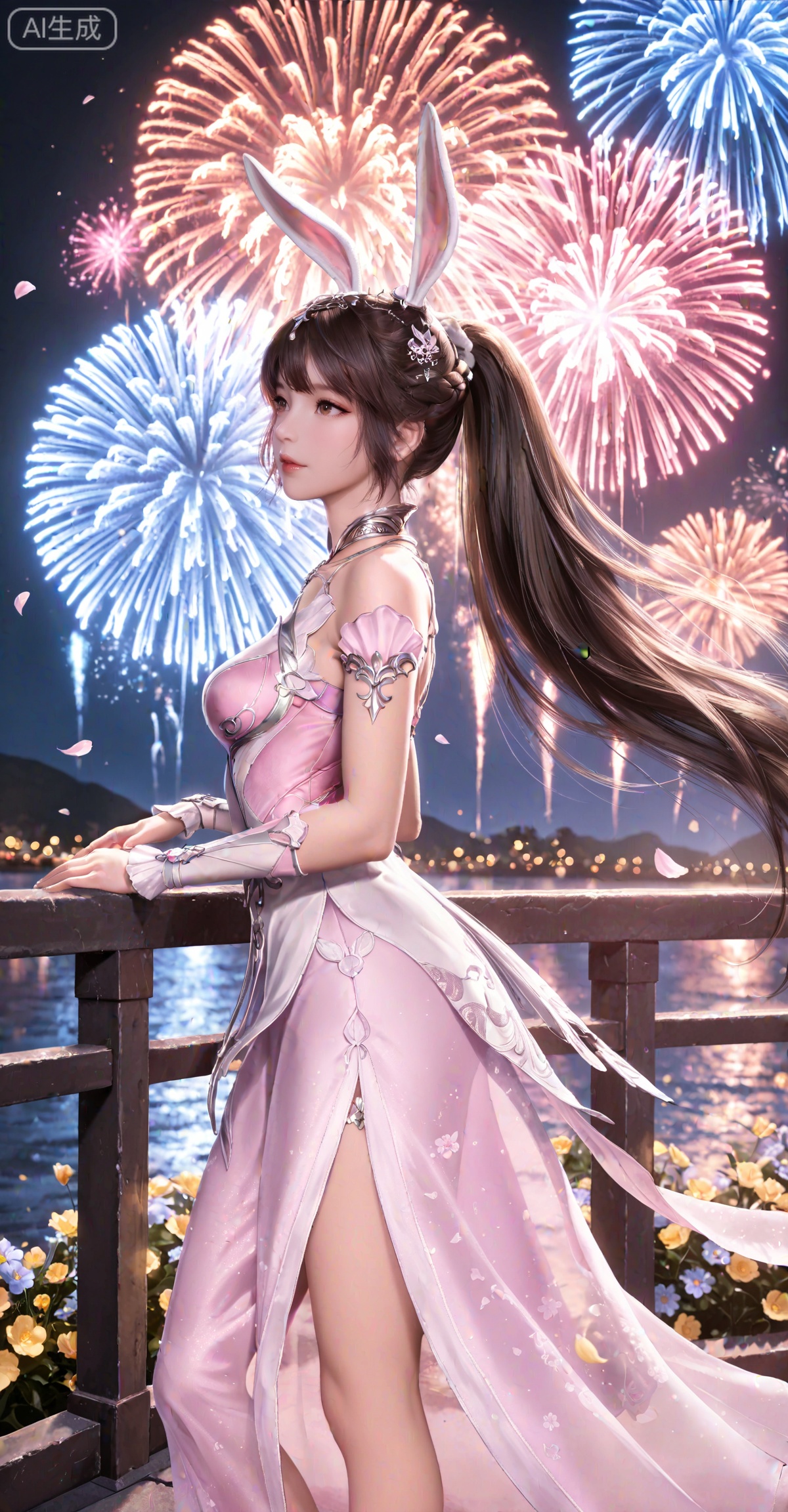 masterpiece,best quality,amazing quality,very aesthetic,high resolution,ultra-detailed,absurdres,photorealistic,animal ears,rabbit ears,long hair,ponytail,brown eyes,metal collar,brown hair,1girl,collar,hair ornament,dress,solo,pink dress,
flowers,petals,wind,night,fireworks,railing,from_side