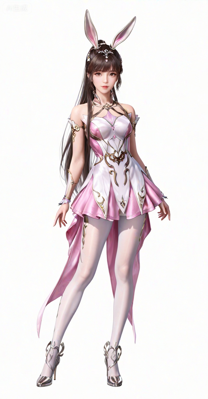 masterpiece,best quality,amazing quality,very aesthetic,high resolution,ultra-detailed,absurdres,photorealistic,(looking at viewer:1.1),,animal ears,rabbit ears,long hair,ponytail,brown eyes,brown hair,hair ornament,
xiaowu,1girl,solo,animal ears,pink dress,rabbit ears,metal collar,white background,long hair,hair ornament,collar,dress,simple background,bare shoulders,white_pantyhose,high_heels,standing,full body,pantyhose,