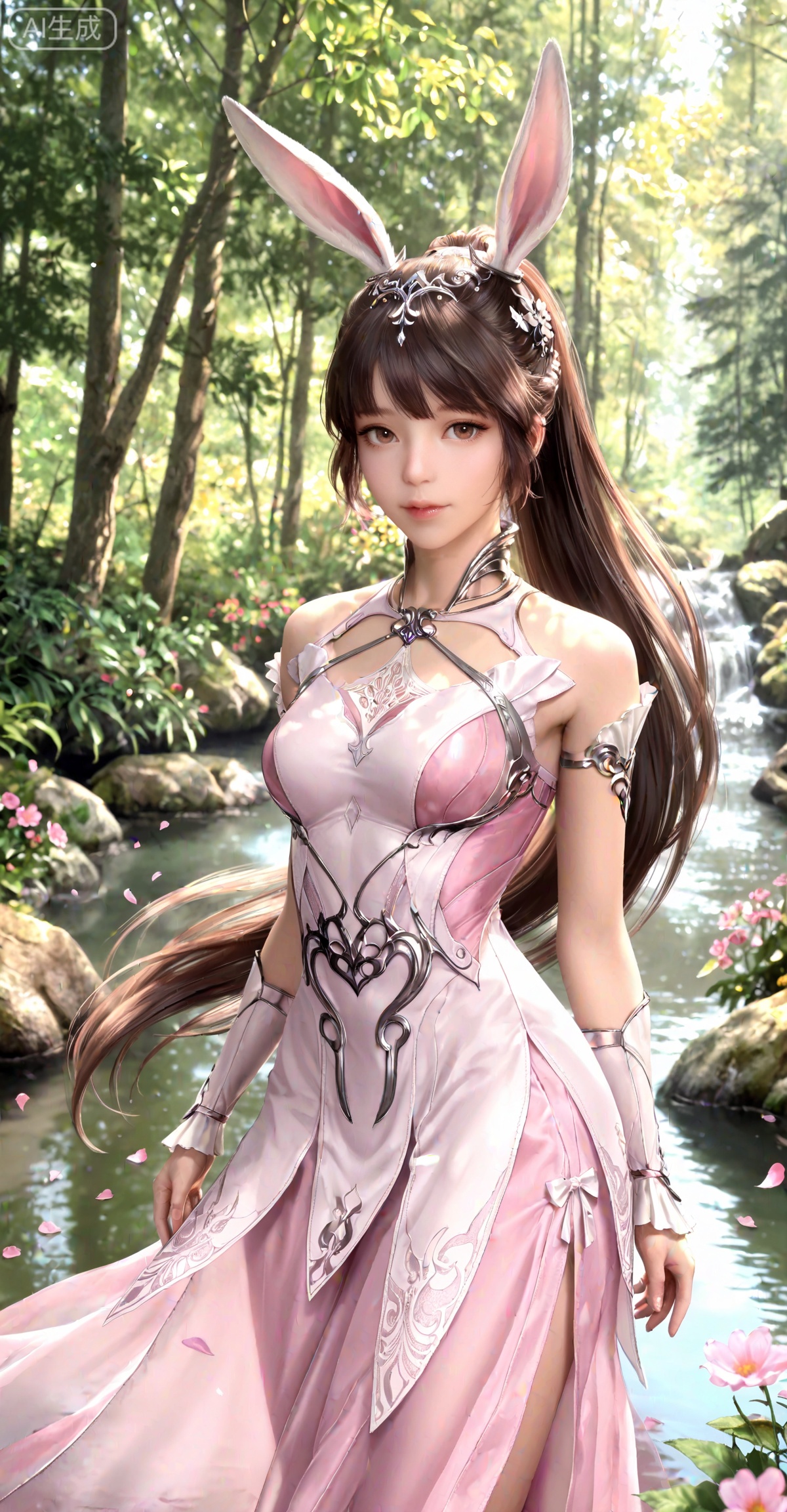 masterpiece,best quality,amazing quality,very aesthetic,high resolution,ultra-detailed,absurdres,photorealistic,(looking at viewer:1.1),,animal ears,rabbit ears,long hair,ponytail,brown eyes,metal collar,brown hair,1girl,collar,hair ornament,dress,solo,pink dress,
water,day,nature,flowers,petals,wind,