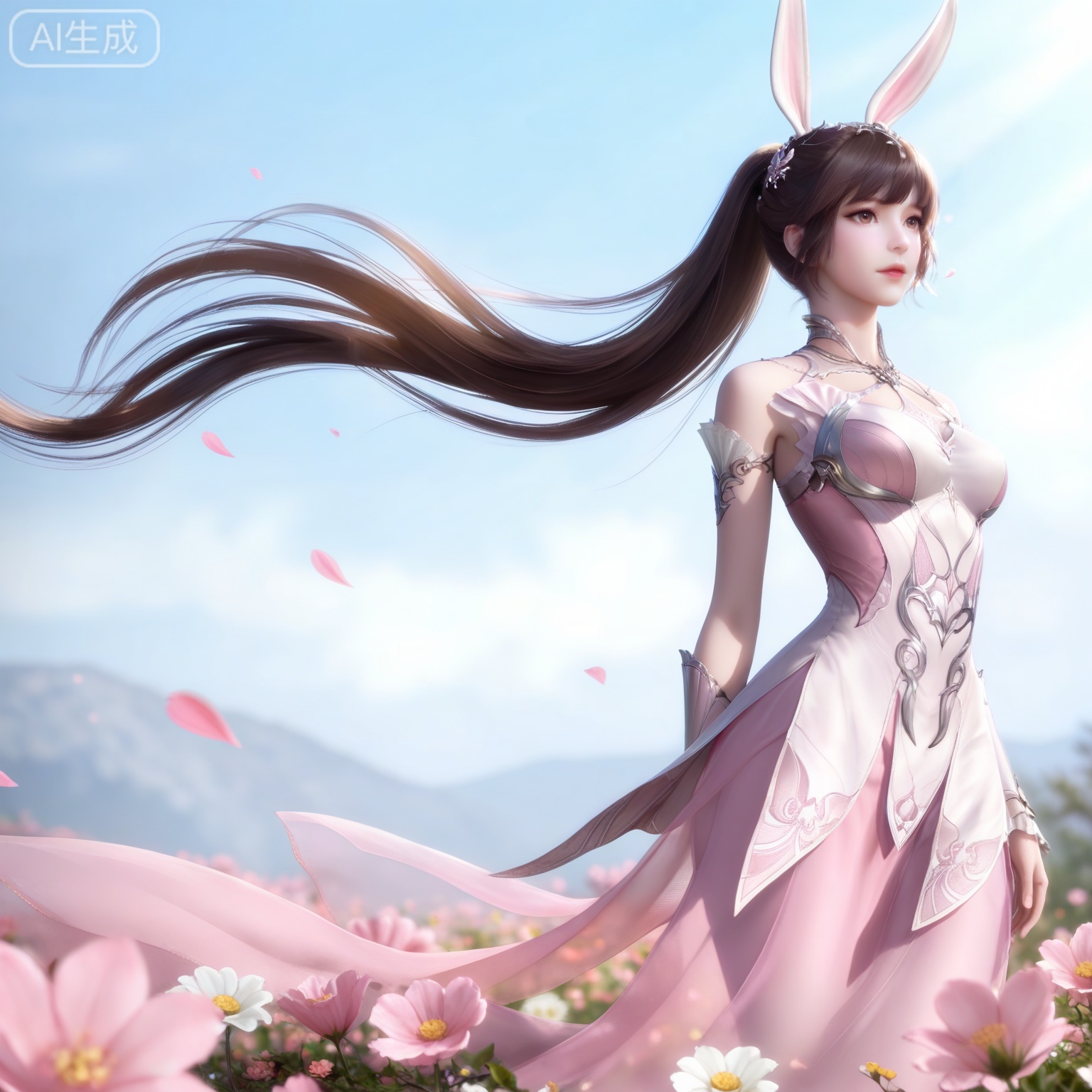 lvjing,
masterpiece,high quality,tall,game cg,highres,(soft light:1.2),white_skin,(realistic:1.1),animal ears,rabbit ears,long hair,ponytail,brown eyes,metal collar,brown hair,1girl,collar,hair ornament,dress,solo,pink dress, day,flowers,petals,wind,outdoor,from_side