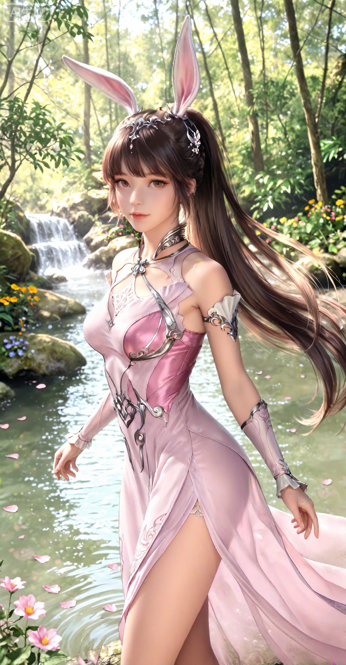 masterpiece,best quality,amazing quality,very aesthetic,high resolution,ultra-detailed,absurdres,photorealistic,(looking at viewer:1.1),,animal ears,rabbit ears,long hair,ponytail,brown eyes,metal collar,brown hair,1girl,collar,hair ornament,dress,solo,pink dress,
water,day,nature,flowers,petals,wind,