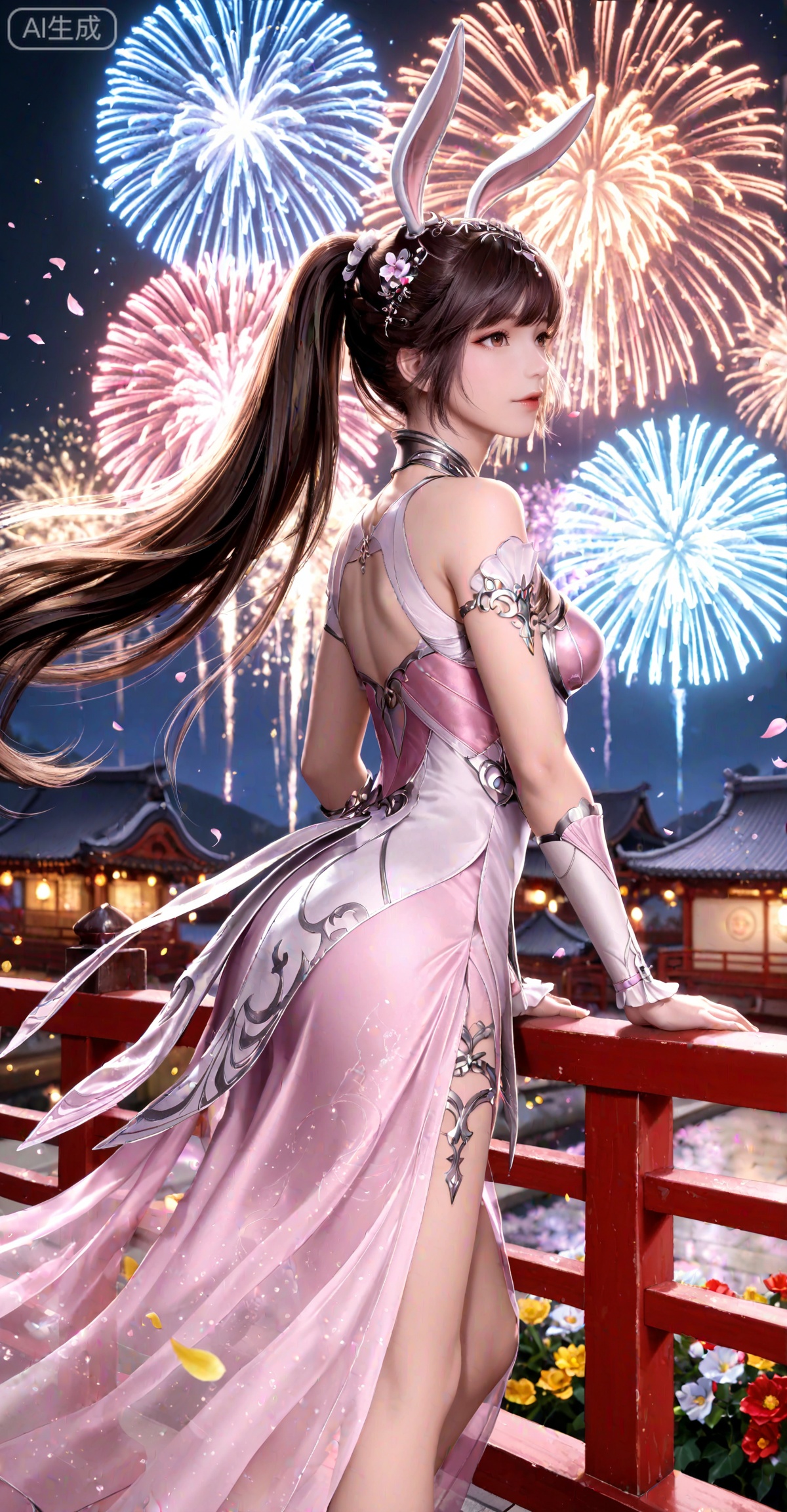 masterpiece,best quality,amazing quality,very aesthetic,high resolution,ultra-detailed,absurdres,photorealistic,animal ears,rabbit ears,long hair,ponytail,brown eyes,metal collar,brown hair,1girl,collar,hair ornament,dress,solo,pink dress,
flowers,petals,wind,night,fireworks,east_asian_architecture,railing,from_side