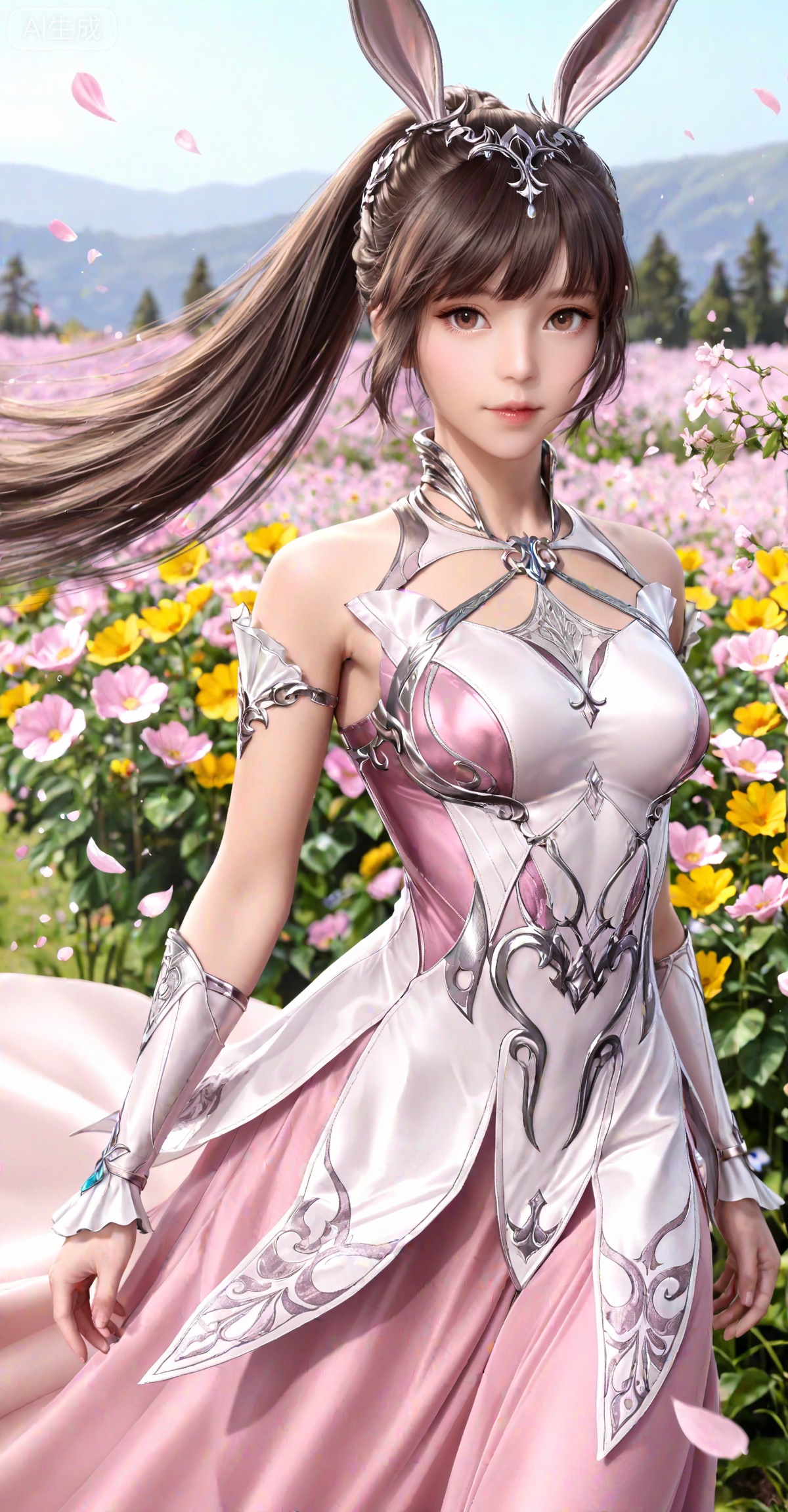 masterpiece,best quality,amazing quality,very aesthetic,high resolution,ultra-detailed,absurdres,photorealistic,(looking at viewer:1.1),,animal ears,rabbit ears,long hair,ponytail,brown eyes,metal collar,brown hair,1girl,collar,hair ornament,dress,solo,pink dress,
day,flowers,petals,wind,outdoor,from_side