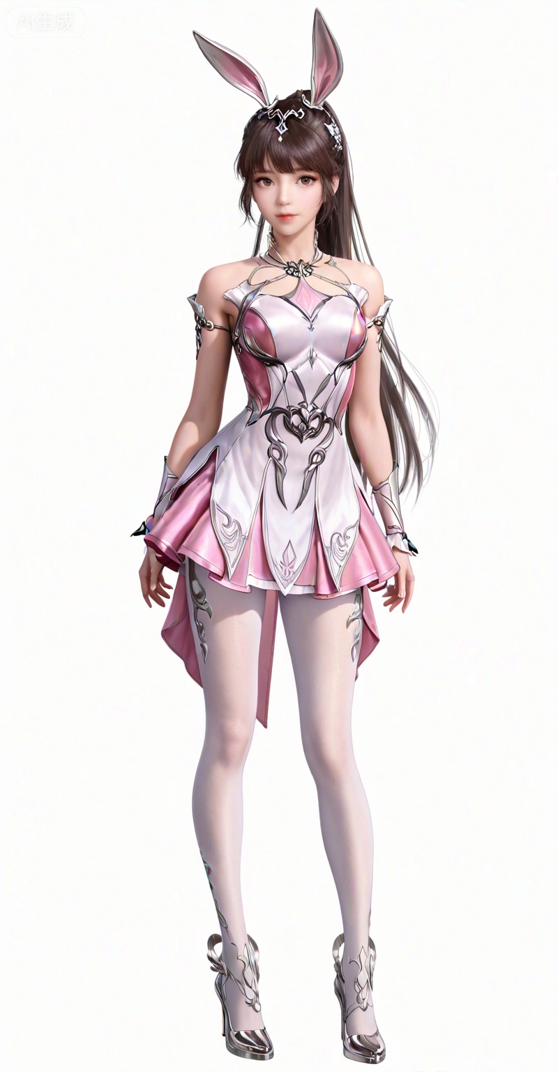 masterpiece,best quality,amazing quality,very aesthetic,high resolution,ultra-detailed,absurdres,photorealistic,(looking at viewer:1.1),,animal ears,rabbit ears,long hair,ponytail,brown eyes,brown hair,hair ornament,
xiaowu,1girl,solo,animal ears,pink dress,rabbit ears,metal collar,white background,long hair,hair ornament,collar,dress,simple background,bare shoulders,white_pantyhose,high_heels,standing,full body,pantyhose,