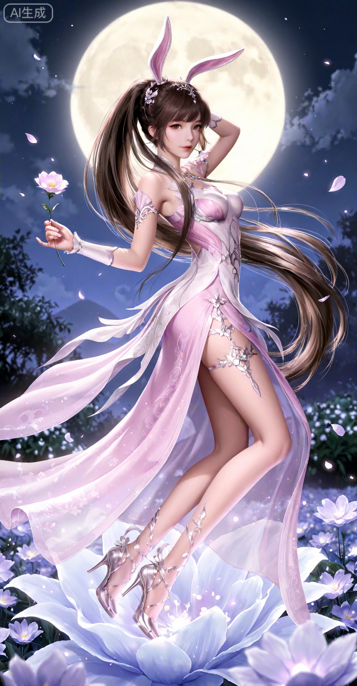 masterpiece,best quality,amazing quality,very aesthetic,high resolution,ultra-detailed,absurdres,photorealistic,(looking at viewer:1.1),,animal ears,rabbit ears,long hair,ponytail,brown eyes,brown hair,hair ornament,
xiaowu,1girl,flower,solo,long hair,moon,ponytail,dress,petals,falling petals,holding flower,night,hair ornament,high heels,brown hair,pink dress,full moon,very long hair,arm up,