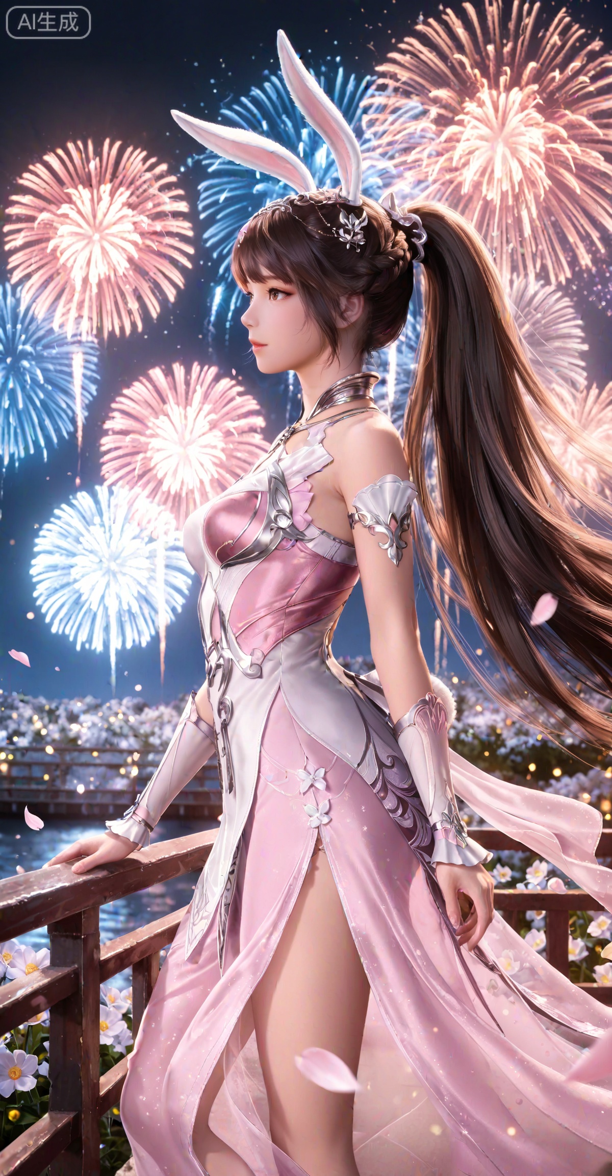 masterpiece,best quality,amazing quality,very aesthetic,high resolution,ultra-detailed,absurdres,photorealistic,animal ears,rabbit ears,long hair,ponytail,brown eyes,metal collar,brown hair,1girl,collar,hair ornament,dress,solo,pink dress,
flowers,petals,wind,night,fireworks,railing,from_side
