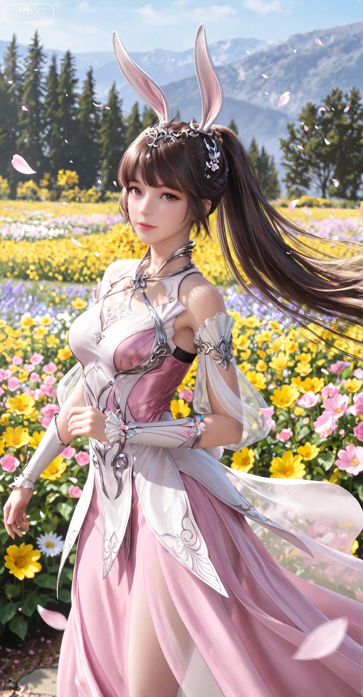 masterpiece,best quality,amazing quality,very aesthetic,high resolution,ultra-detailed,absurdres,photorealistic,(looking at viewer:1.1),,animal ears,rabbit ears,long hair,ponytail,brown eyes,metal collar,brown hair,1girl,collar,hair ornament,dress,solo,pink dress,
day,flowers,petals,wind,outdoor,from_side