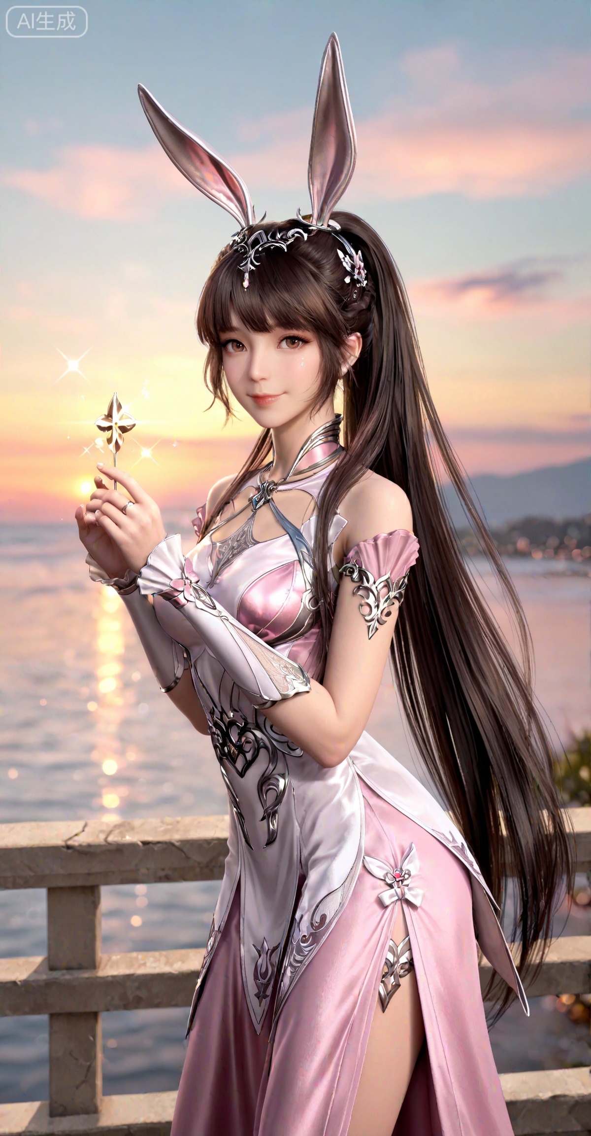 masterpiece,best quality,amazing quality,very aesthetic,high resolution,ultra-detailed,absurdres,photorealistic,(looking at viewer:1.1),,animal ears,rabbit ears,long hair,ponytail,brown eyes,brown hair,hair ornament,
xiaowu, 1girl, animal ears, solo, rabbit ears, ponytail, long hair, pink dress, dress, hair ornament, metal collar, smile, brown hair, closed mouth, sparkle, sky, holding, collar